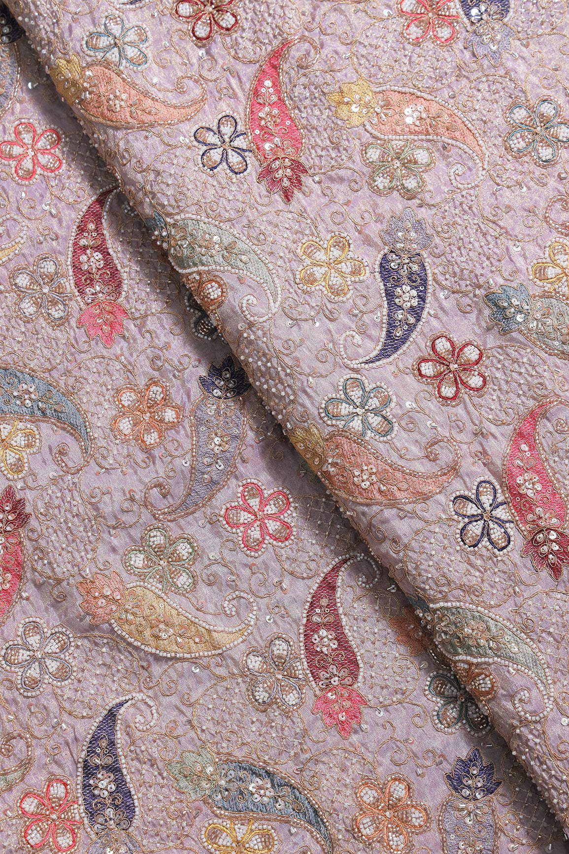 Heavy Original Beads Embroidery With Sequin Zari & Multi Thread Embroidery Work on Lavender Viscose Zari Tissue Fabric