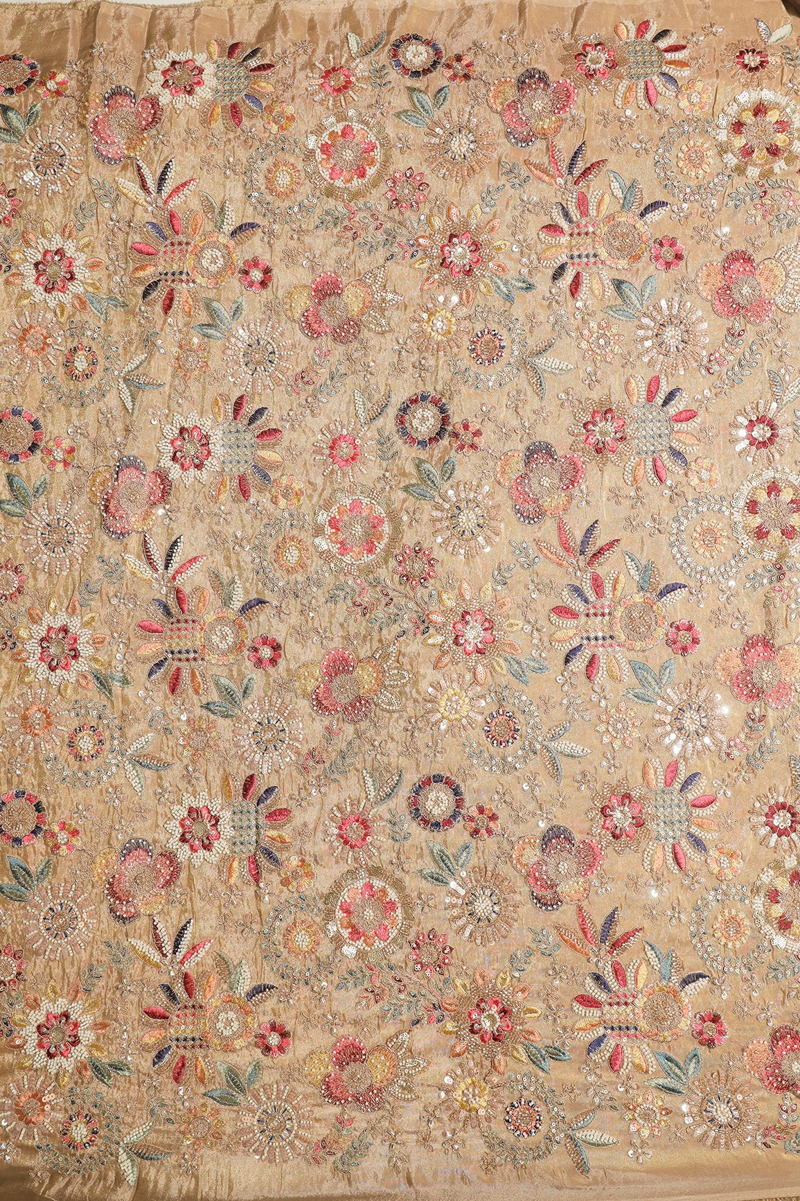 Heavy Original Beads Embroidery With Sequin Zari & Multi Thread Embroidery Work on Beige Viscose Zari Tissue Fabric