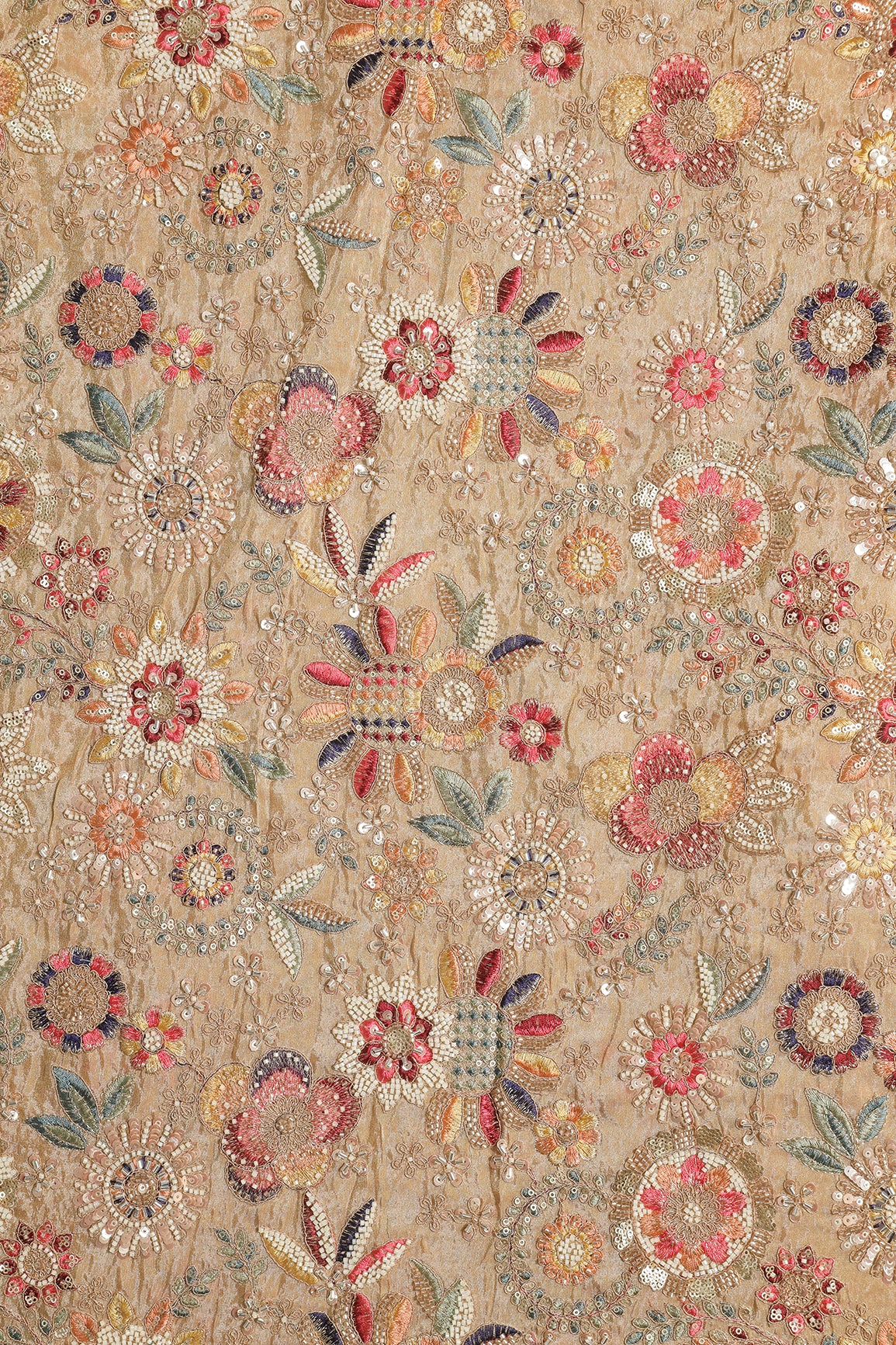 Heavy Original Beads Embroidery With Sequin Zari & Multi Thread Embroidery Work on Beige Viscose Zari Tissue Fabric