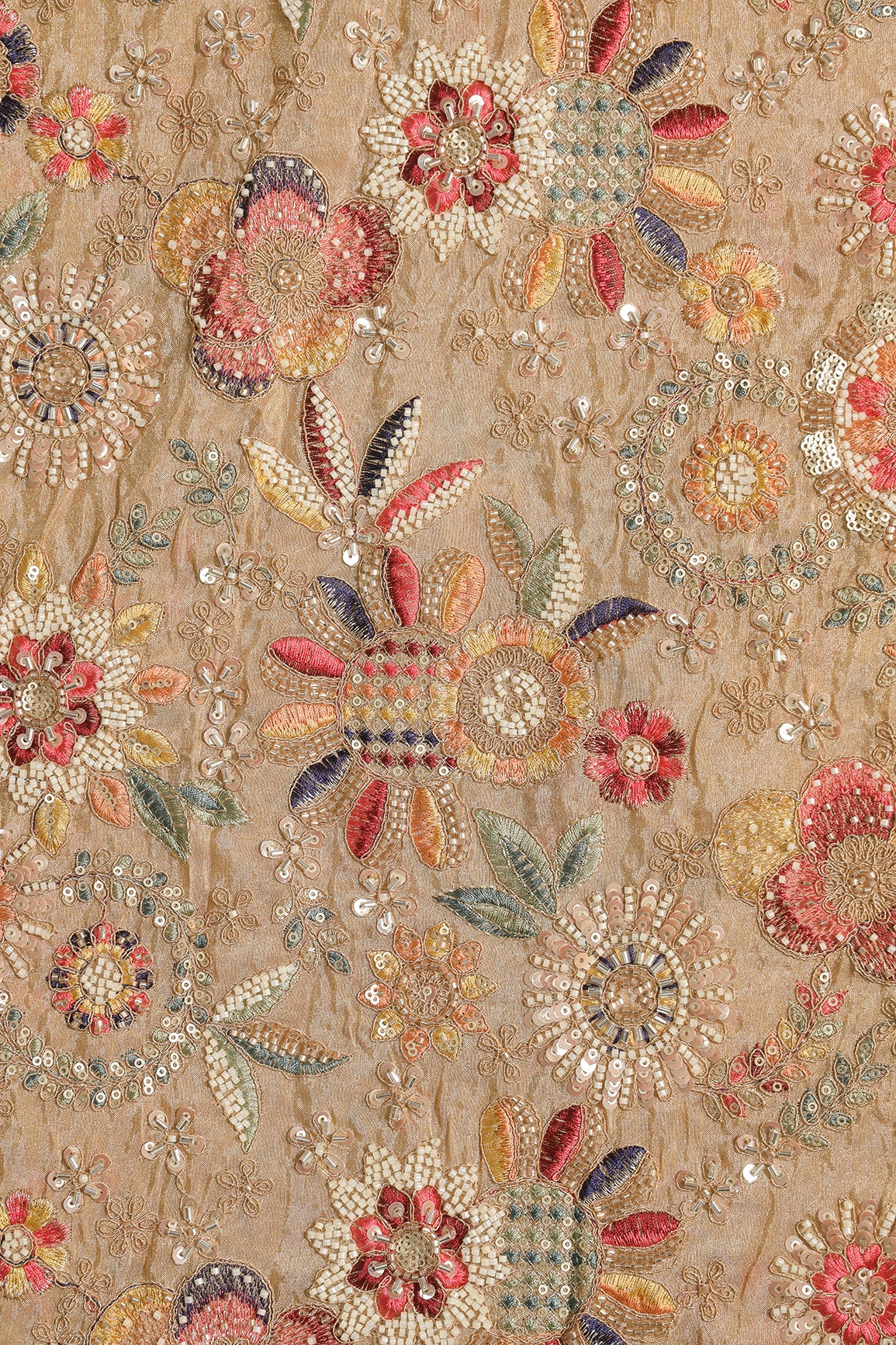 Heavy Original Beads Embroidery With Sequin Zari & Multi Thread Embroidery Work on Beige Viscose Zari Tissue Fabric