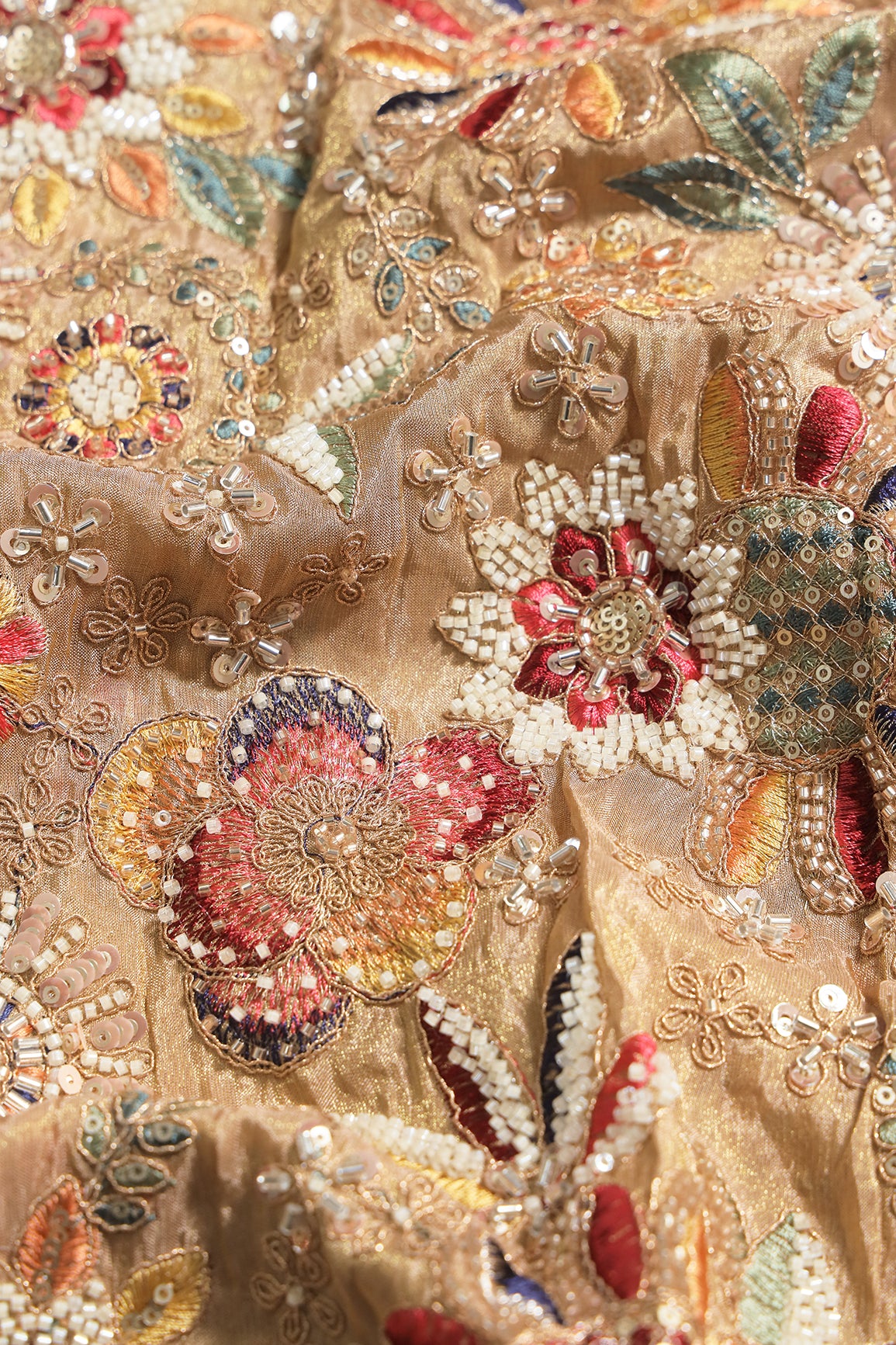 Heavy Original Beads Embroidery With Sequin Zari & Multi Thread Embroidery Work on Beige Viscose Zari Tissue Fabric