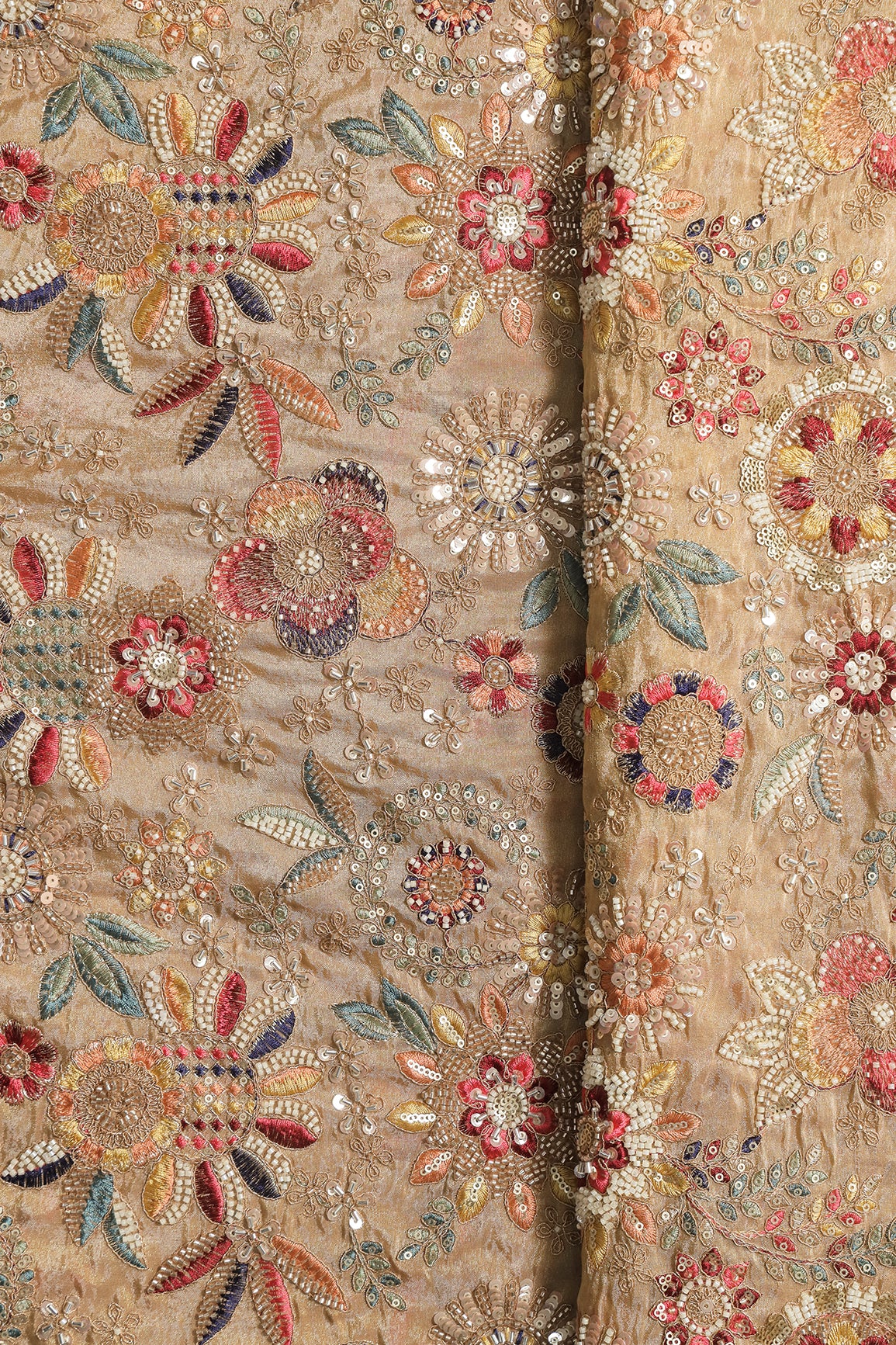 Heavy Original Beads Embroidery With Sequin Zari & Multi Thread Embroidery Work on Beige Viscose Zari Tissue Fabric