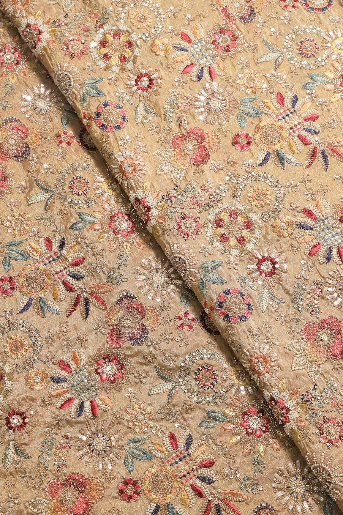 Heavy Original Beads Embroidery With Sequin Zari & Multi Thread Embroidery Work on Beige Viscose Zari Tissue Fabric