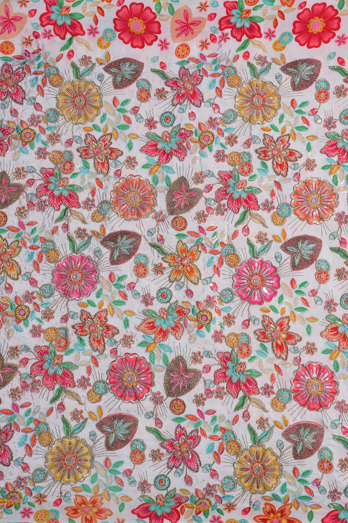 Heavy Beads With Zari And Sequins Floral Positional Print On White Pure Natural Crepe Fabric