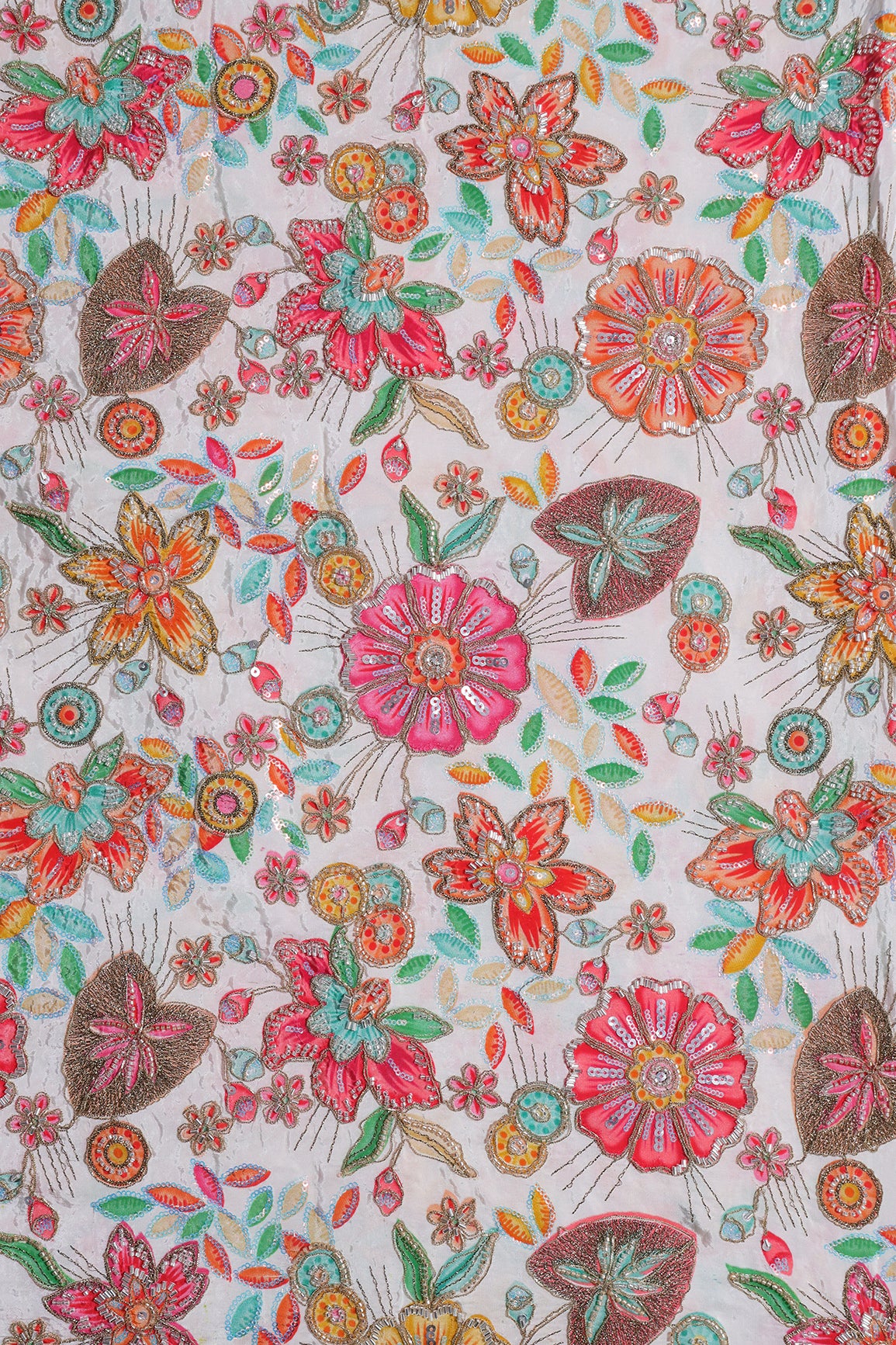 Heavy Beads With Zari And Sequins Floral Positional Print On White Pure Natural Crepe Fabric