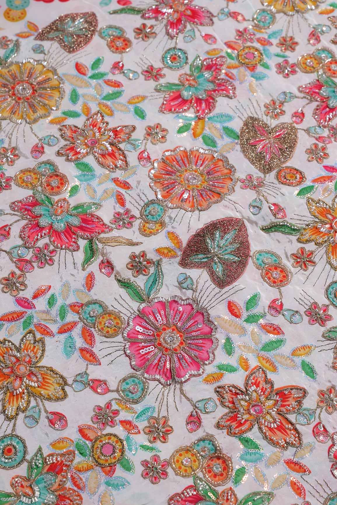 Heavy Beads With Zari And Sequins Floral Positional Print On White Pure Natural Crepe Fabric