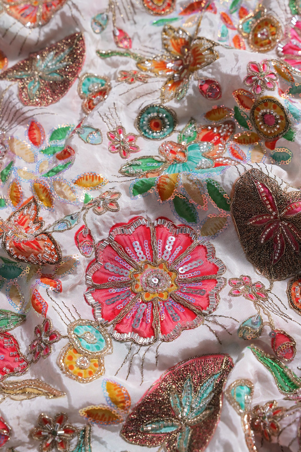 Heavy Beads With Zari And Sequins Floral Positional Print On White Pure Natural Crepe Fabric