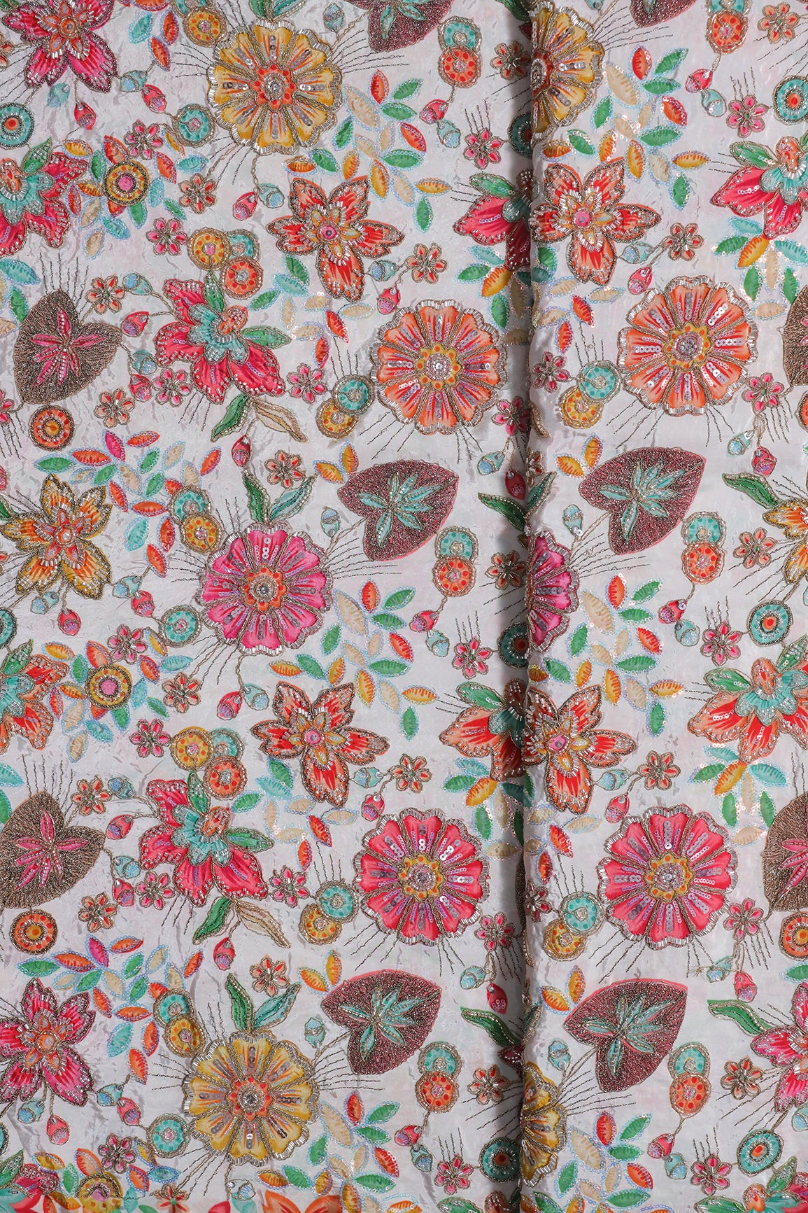 Heavy Beads With Zari And Sequins Floral Positional Print On White Pure Natural Crepe Fabric