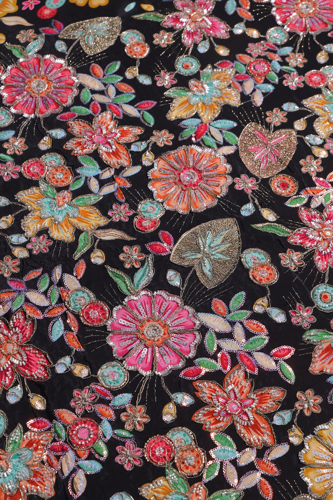 Heavy Beads With Zari And Sequins Floral Positional Print On Black Pure Natural Crepe Fabric