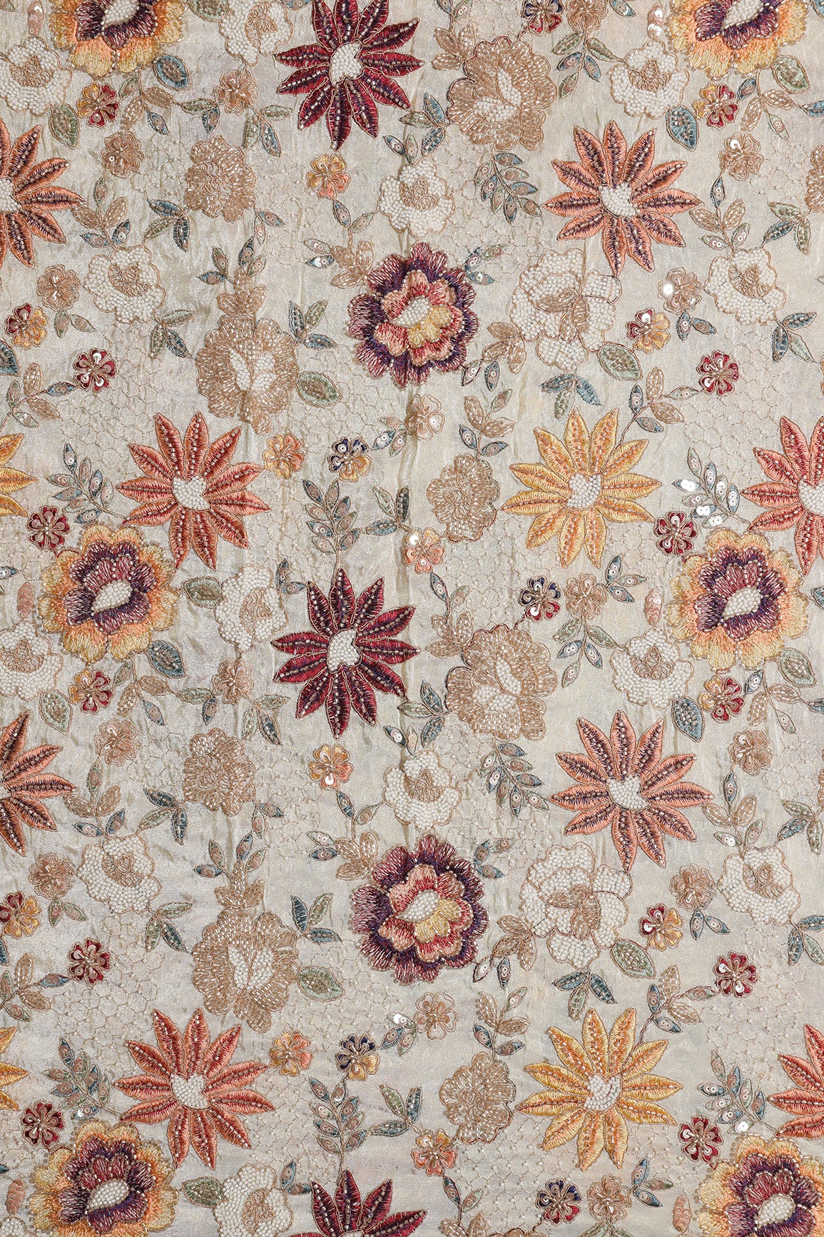 Heavy Original Beads Embroidery With Sequins Zari & Multi Thread Embroidery Work on Off White Viscose Zari Tissue Fabric