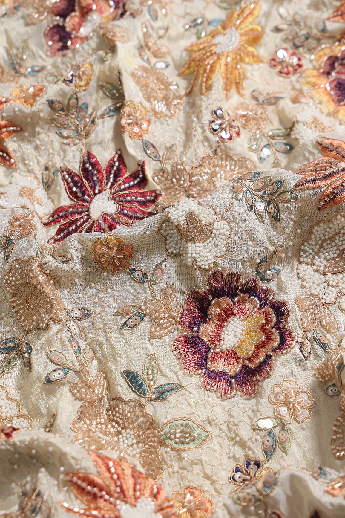 Heavy Original Beads Embroidery With Sequins Zari & Multi Thread Embroidery Work on Natural Viscose Zari Tissue Fabric