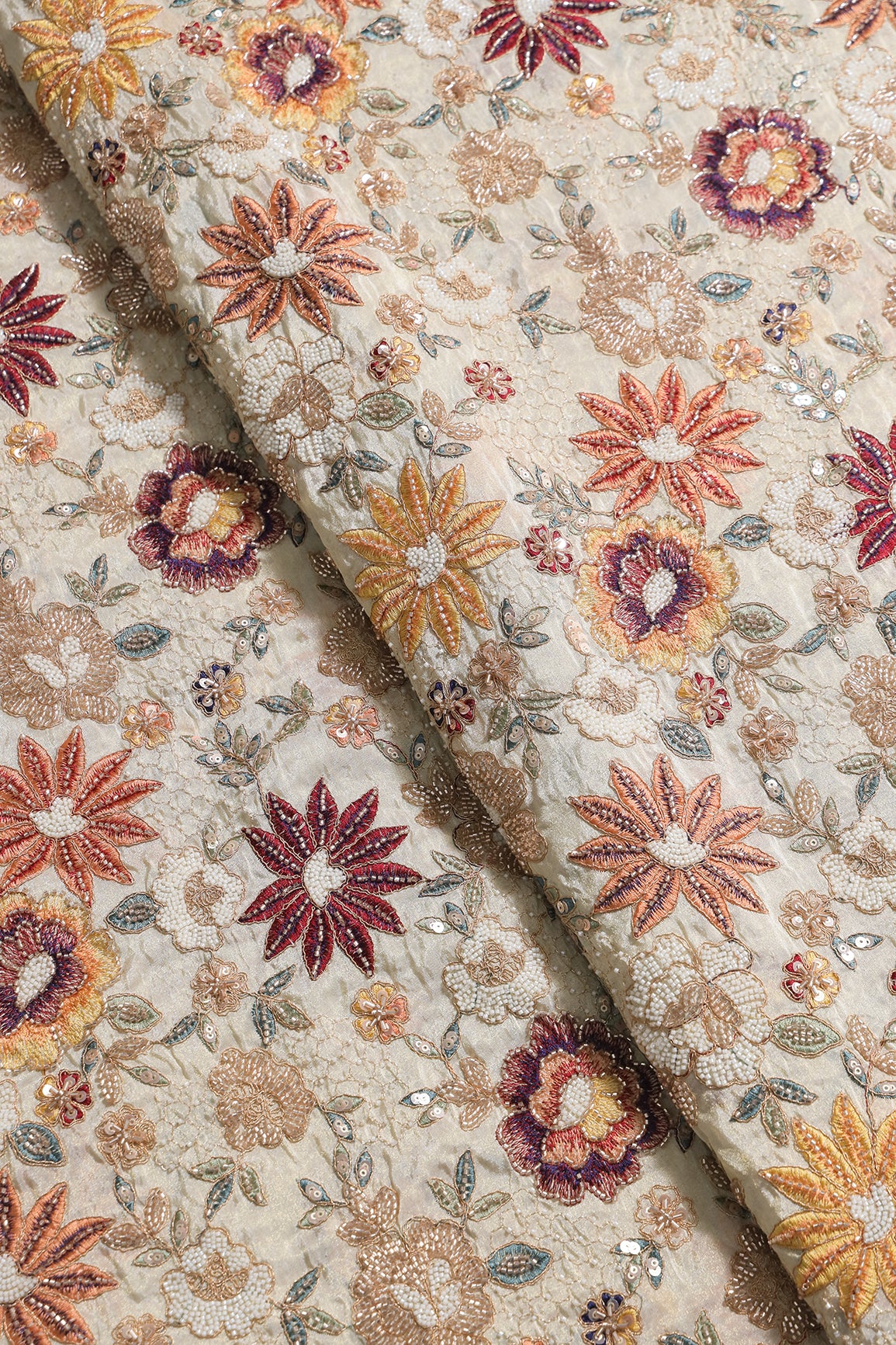 Heavy Original Beads Embroidery With Sequins Zari & Multi Thread Embroidery Work on Natural Viscose Zari Tissue Fabric