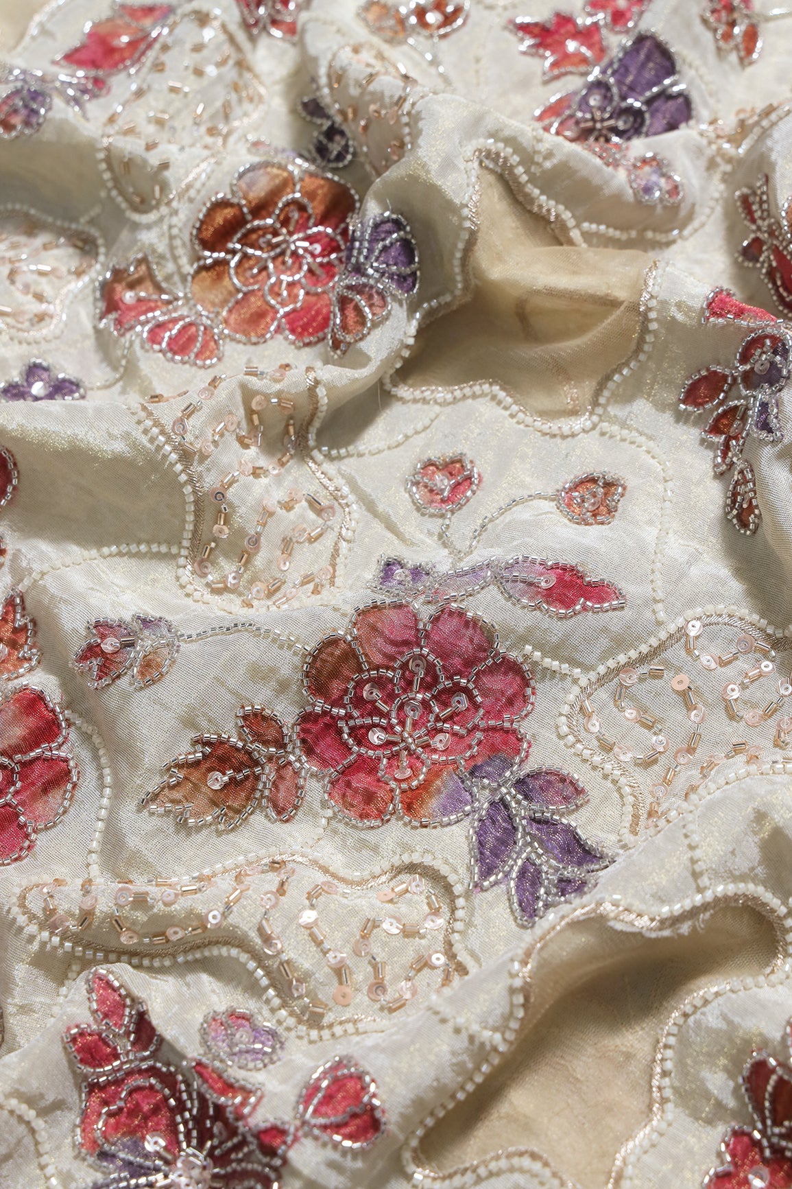Heavy Original Beads Embroidery With Sequins Zari & Multi Thread Embroidery Work on Off White Viscose Zari Tissue Fabric with Net Cut Work Embroidery