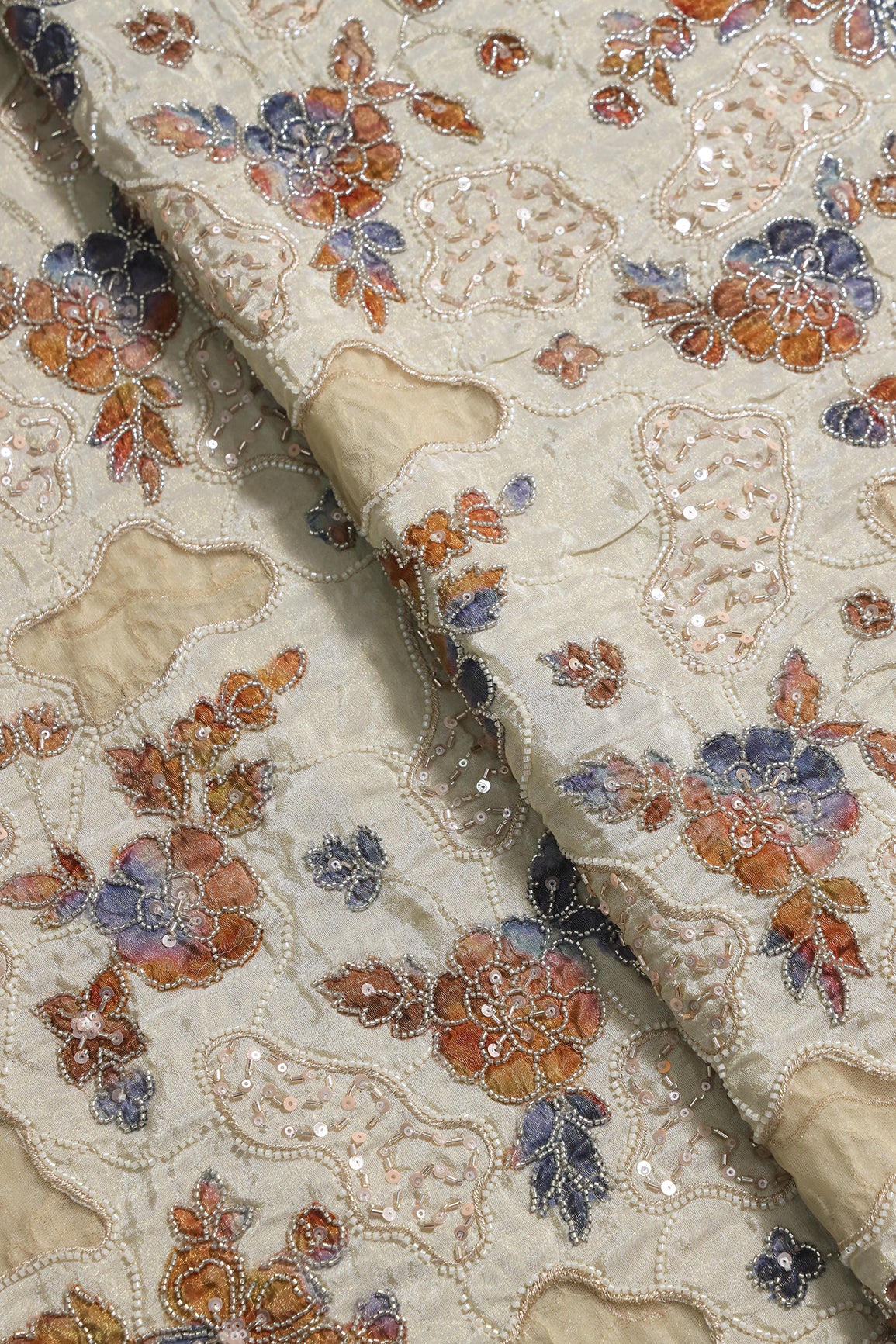 Heavy Original Beads Embroidery With Sequins Zari & Multi Thread Embroidery Work on Off White Viscose Zari Tissue Fabric with Net Cut Work Embroidery