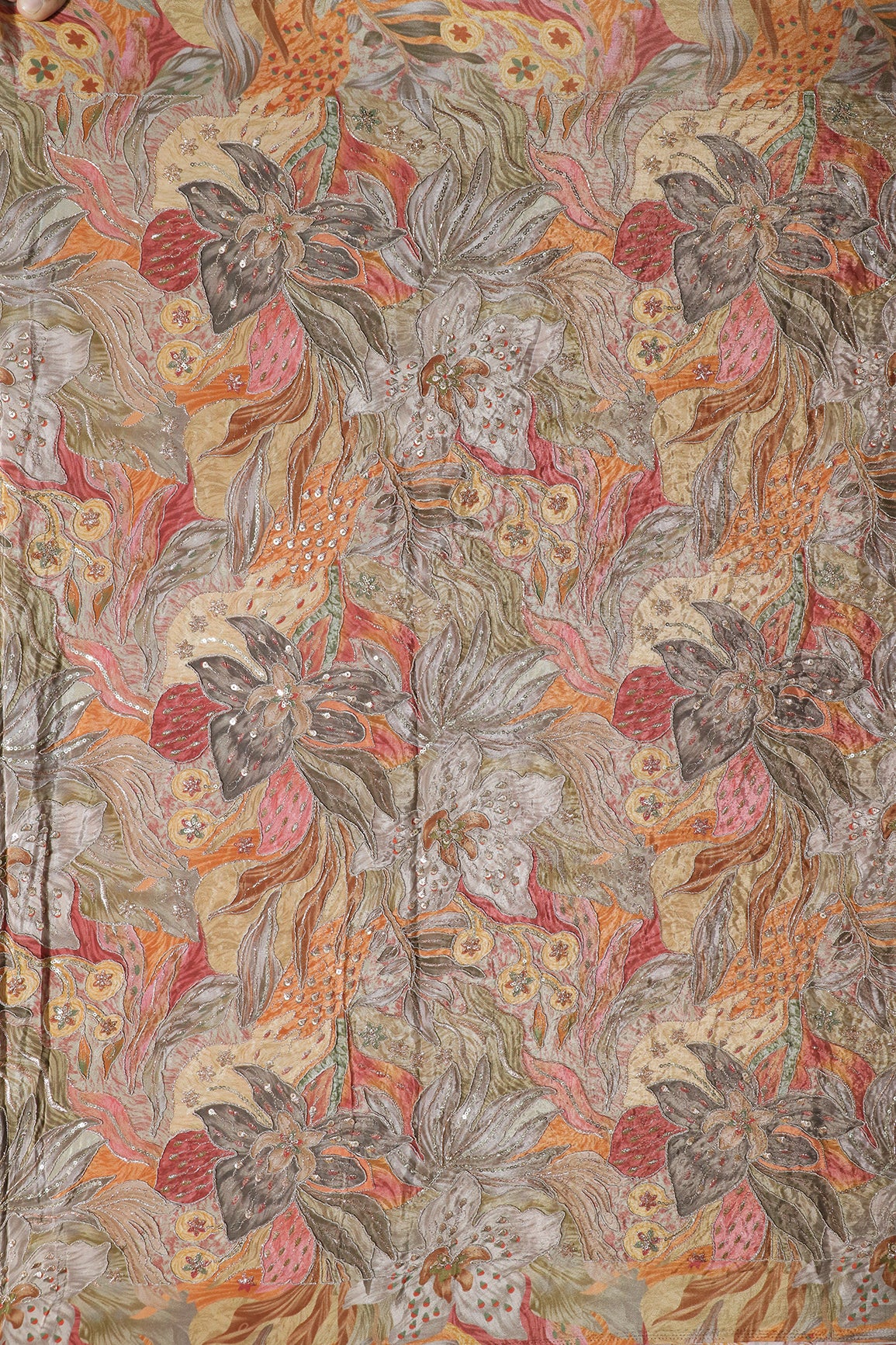 Flowy Embroidery With Zari And Sequins Floral Positional Print On Coco Pure Crepe Fabric