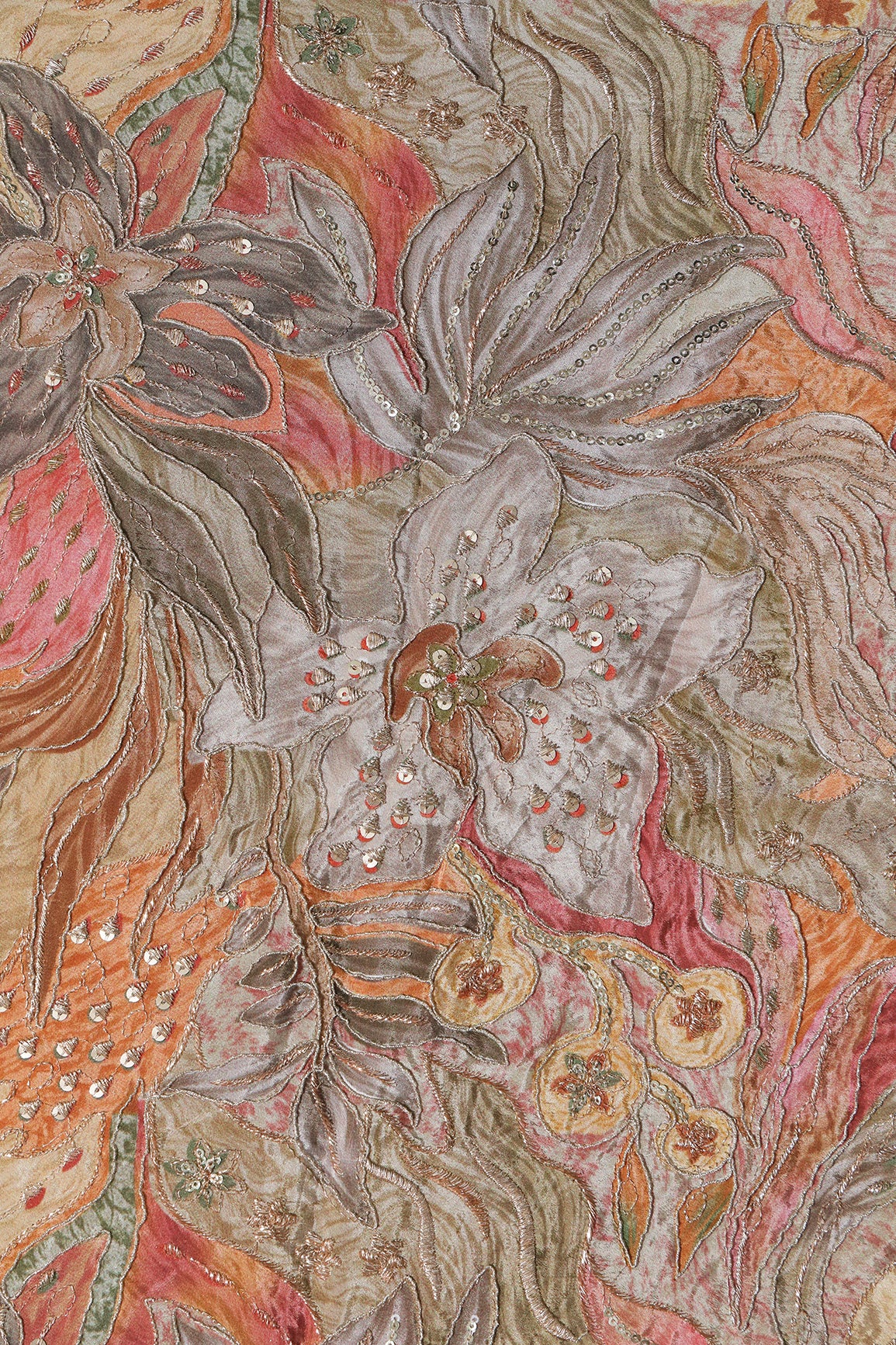 Flowy Embroidery With Zari And Sequins Floral Positional Print On Coco Pure Crepe Fabric
