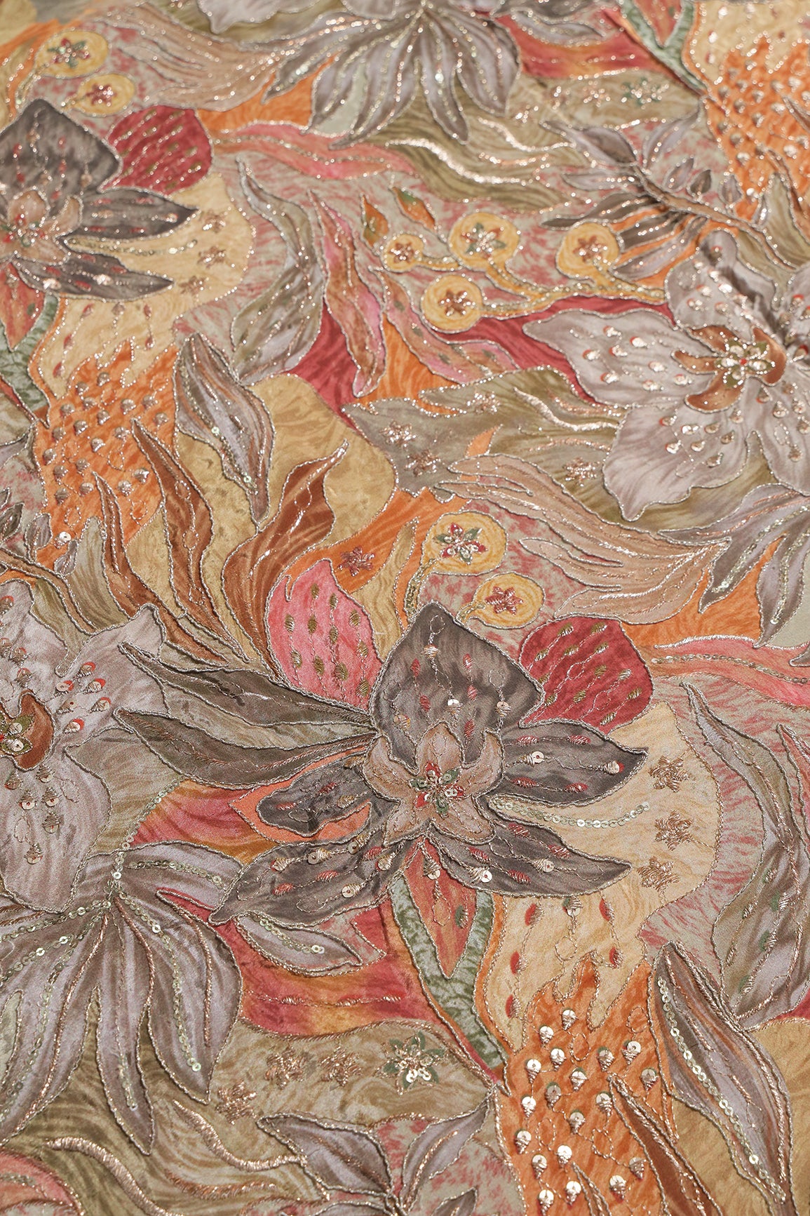 Flowy Embroidery With Zari And Sequins Floral Positional Print On Coco Pure Crepe Fabric