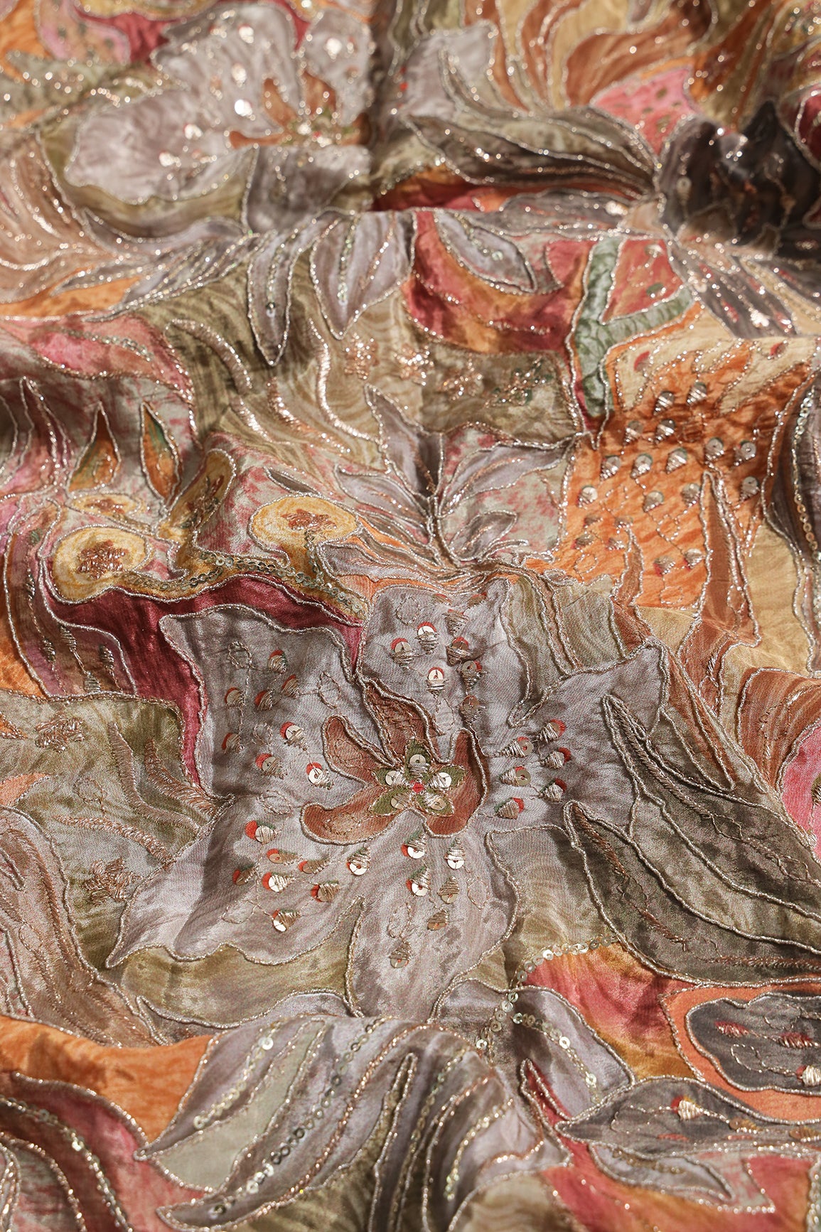 Flowy Embroidery With Zari And Sequins Floral Positional Print On Coco Pure Crepe Fabric
