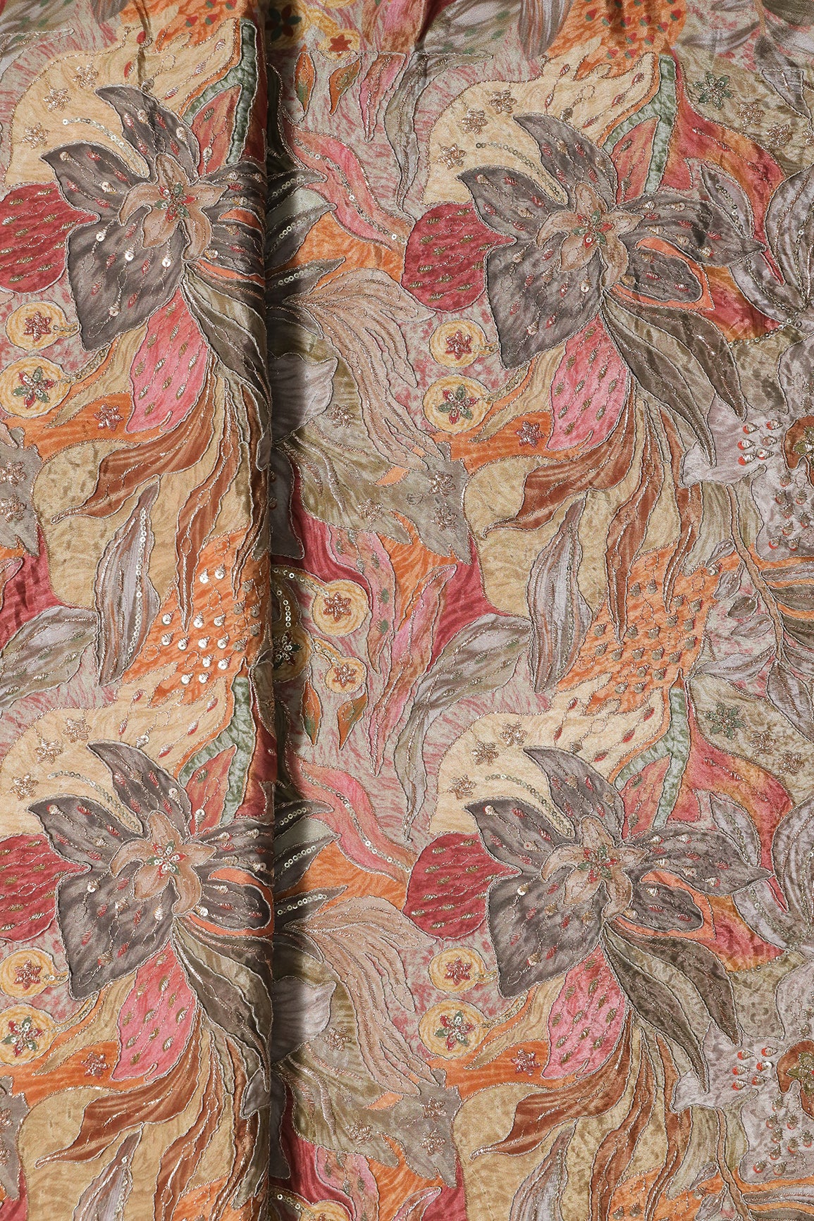 Flowy Embroidery With Zari And Sequins Floral Positional Print On Coco Pure Crepe Fabric