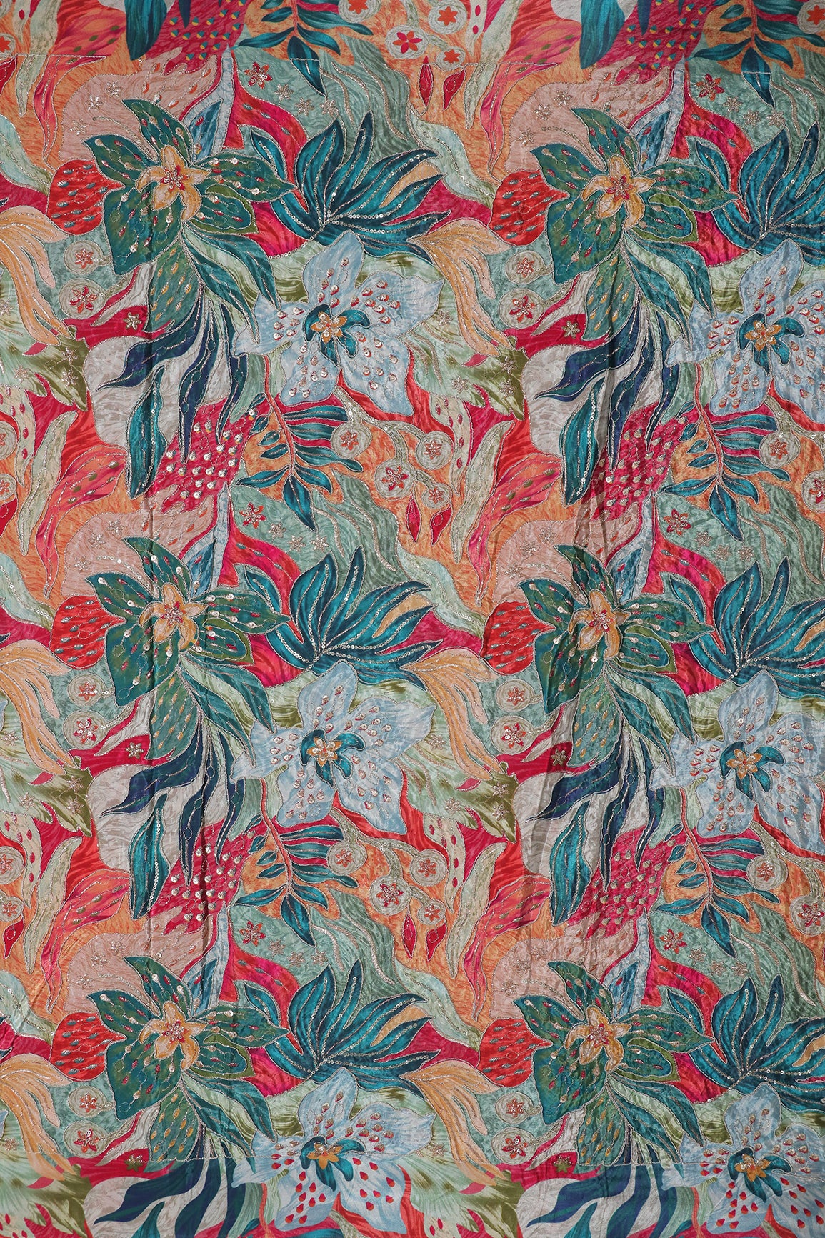 Flowy Embroidery With Zari And Sequins Floral Positional Print On Rama Pure Crepe Fabric