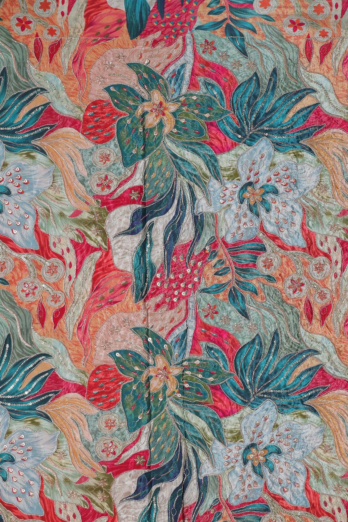Flowy Embroidery With Zari And Sequins Floral Positional Print On Rama Pure Crepe Fabric