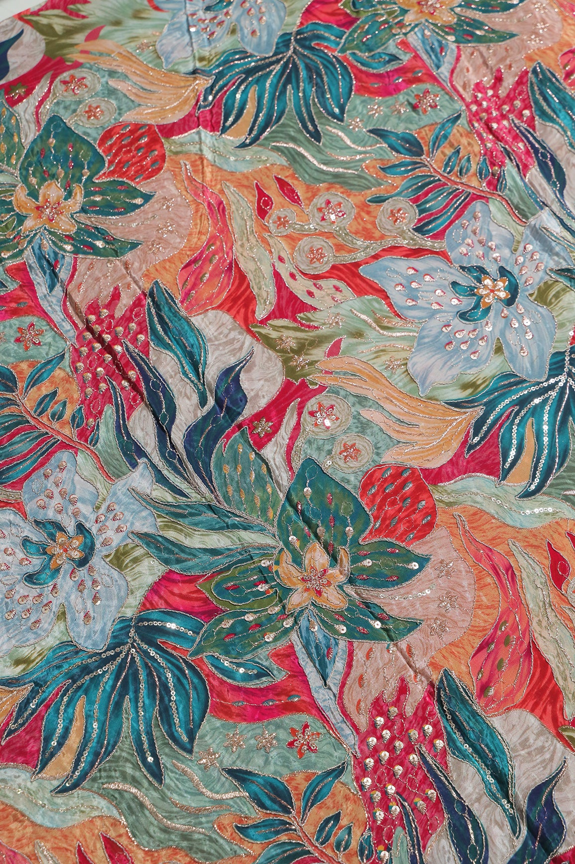 Flowy Embroidery With Zari And Sequins Floral Positional Print On Rama Pure Crepe Fabric