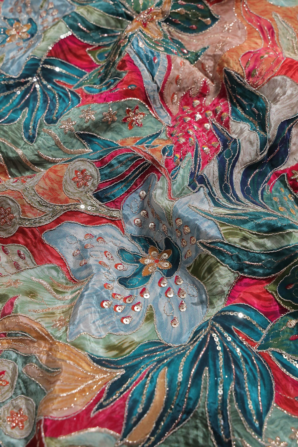 Flowy Embroidery With Zari And Sequins Floral Positional Print On Rama Pure Crepe Fabric
