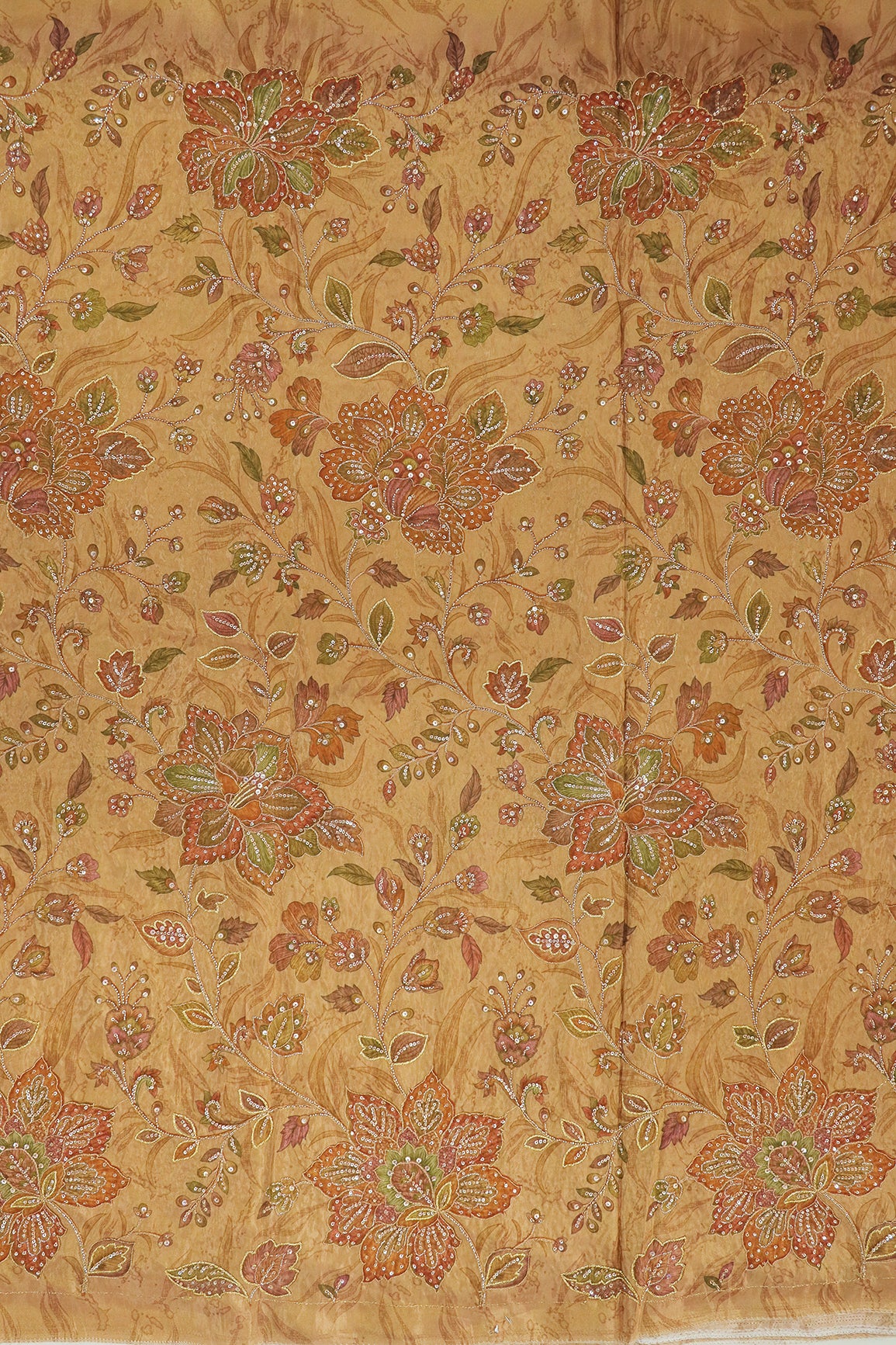 Big Width Floral Positional Print With Beads, Sequins and Zari Embroidery Work On Rust Viscose Zari Tissue Fabric