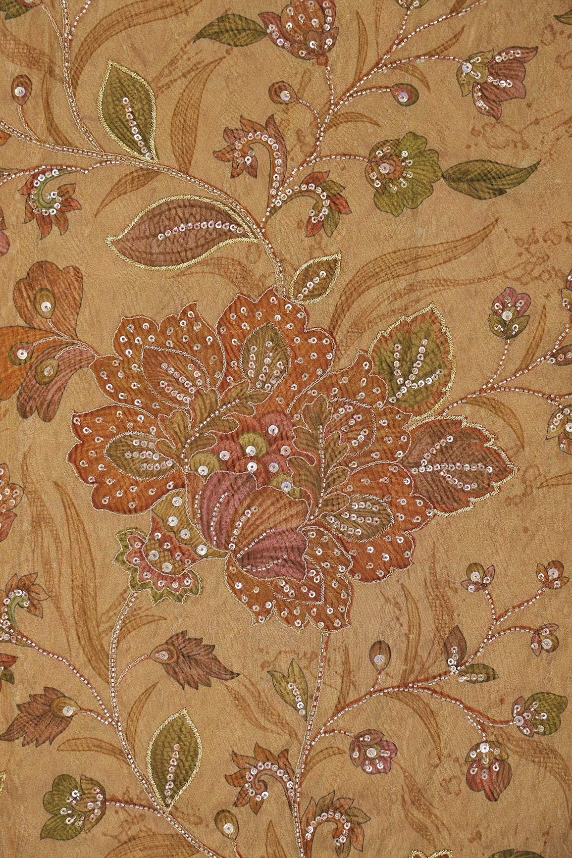 Big Width Floral Positional Print With Beads, Sequins and Zari Embroidery Work On Rust Viscose Zari Tissue Fabric