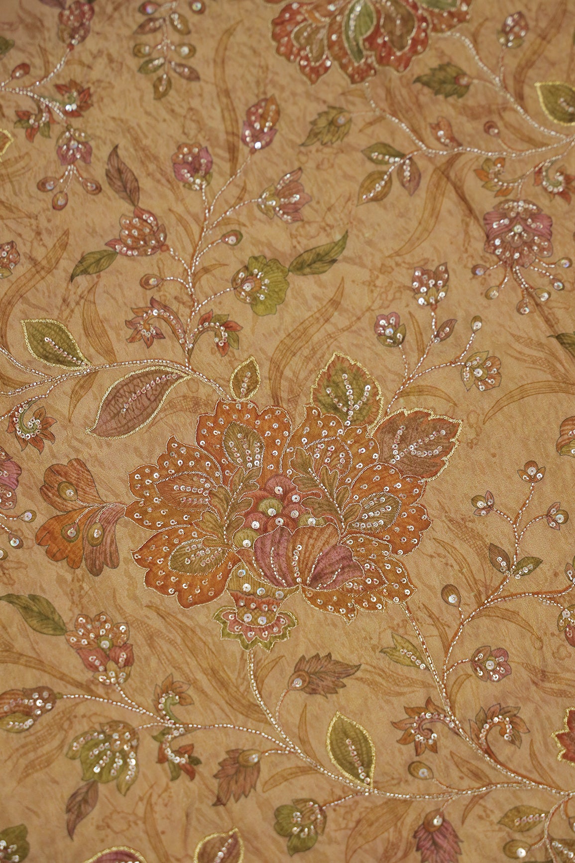 Big Width Floral Positional Print With Beads, Sequins and Zari Embroidery Work On Rust Viscose Zari Tissue Fabric