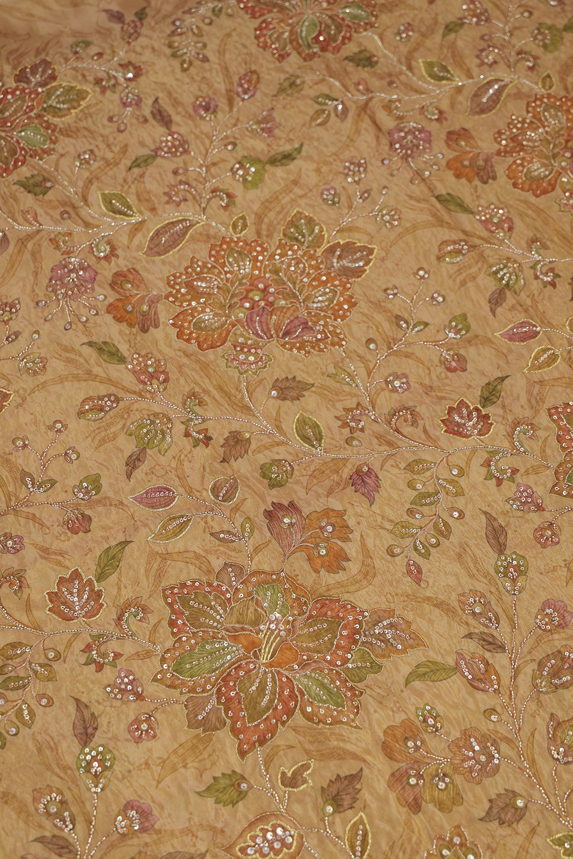 Big Width Floral Positional Print With Beads, Sequins and Zari Embroidery Work On Rust Viscose Zari Tissue Fabric