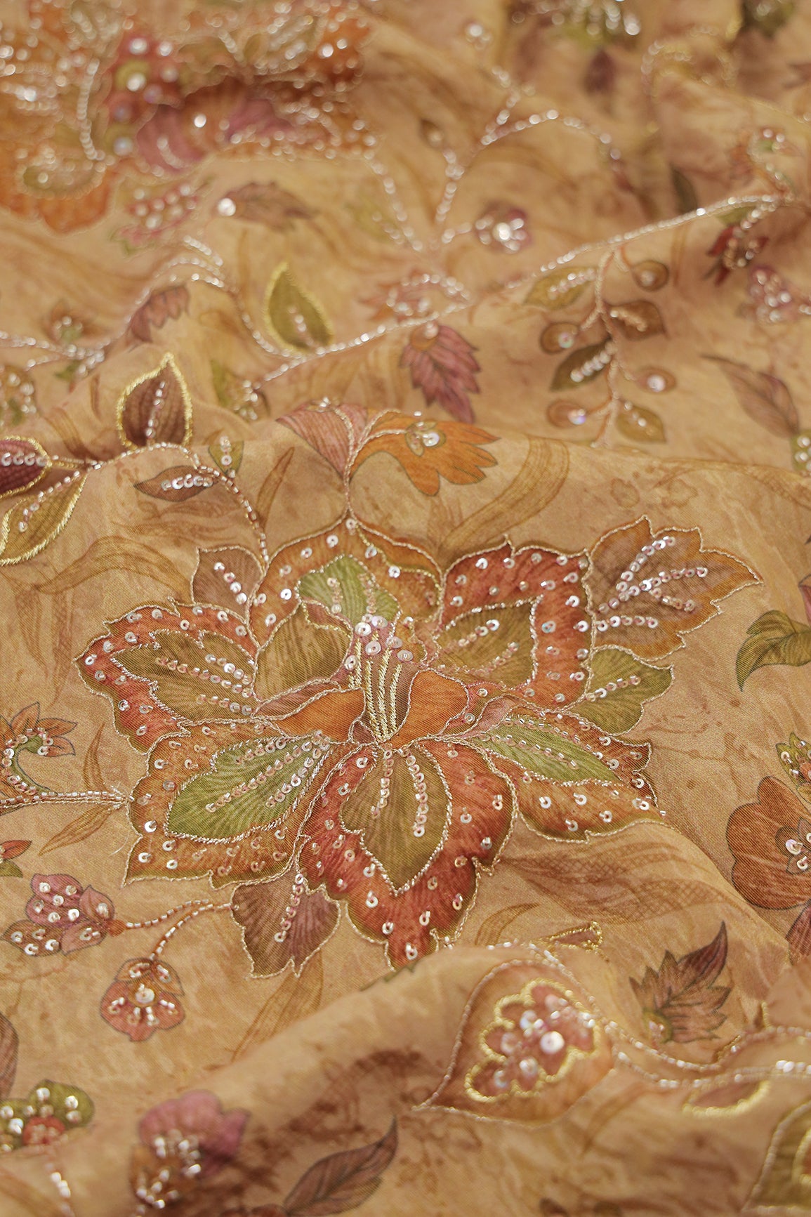 Big Width Floral Positional Print With Beads, Sequins and Zari Embroidery Work On Rust Viscose Zari Tissue Fabric