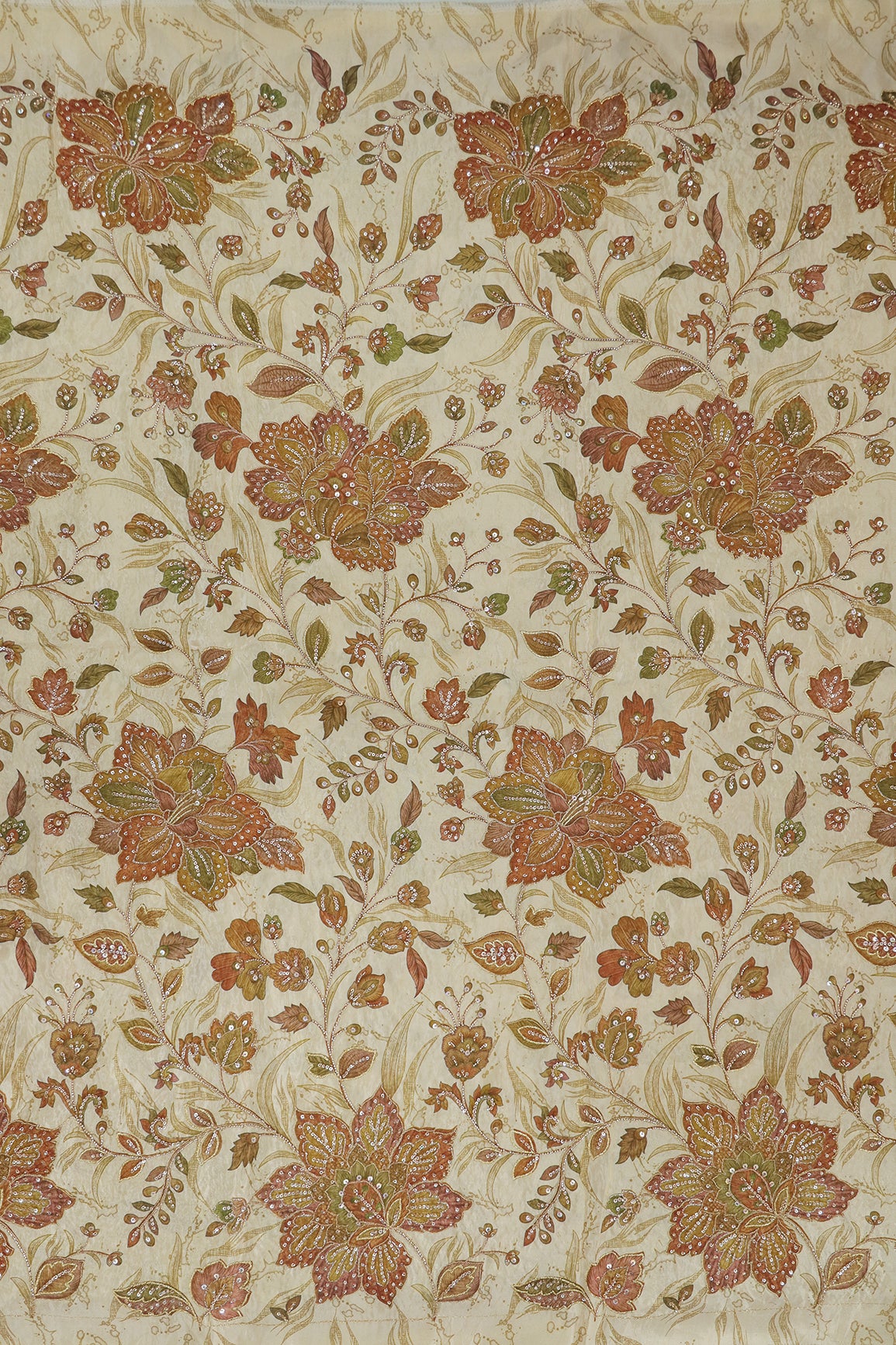 Big Width Floral Positional Print With Beads, Sequins and Zari Embroidery Work On Beige Viscose Zari Tissue Fabric