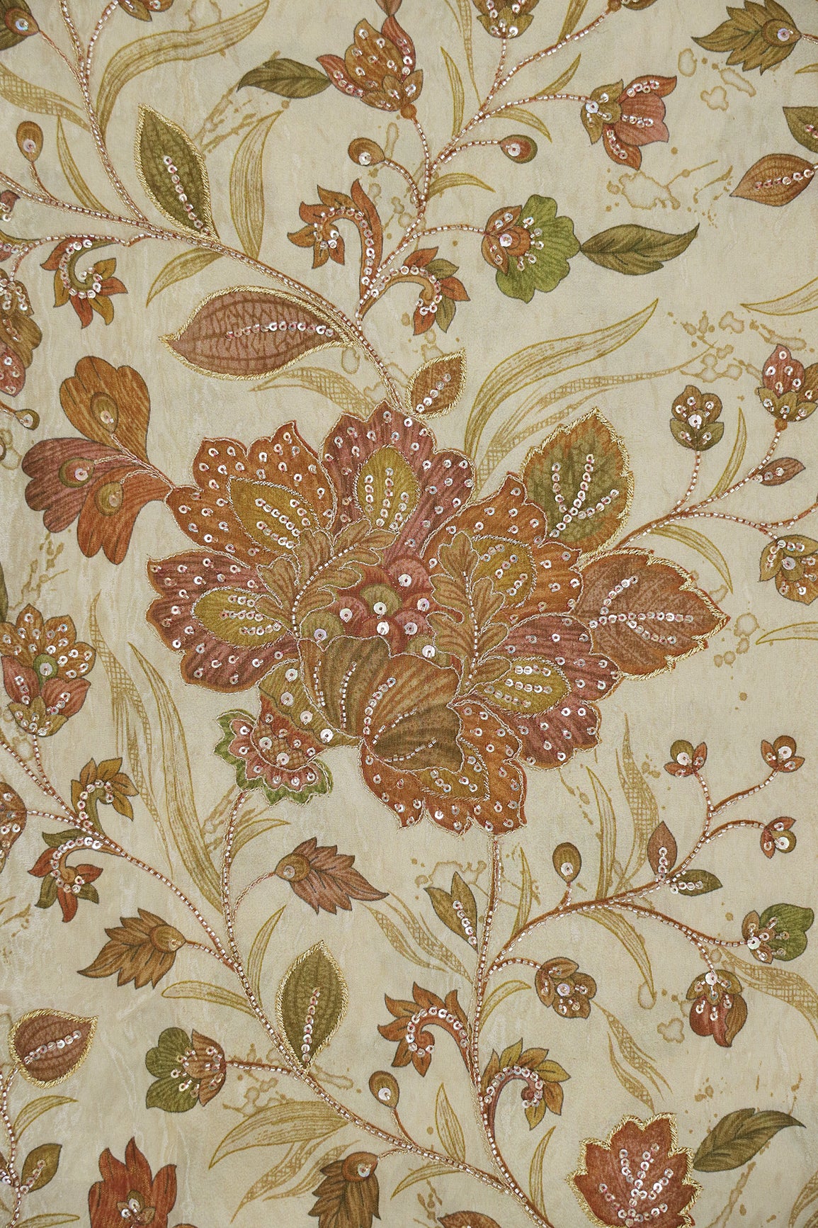 Big Width Floral Positional Print With Beads, Sequins and Zari Embroidery Work On Beige Viscose Zari Tissue Fabric