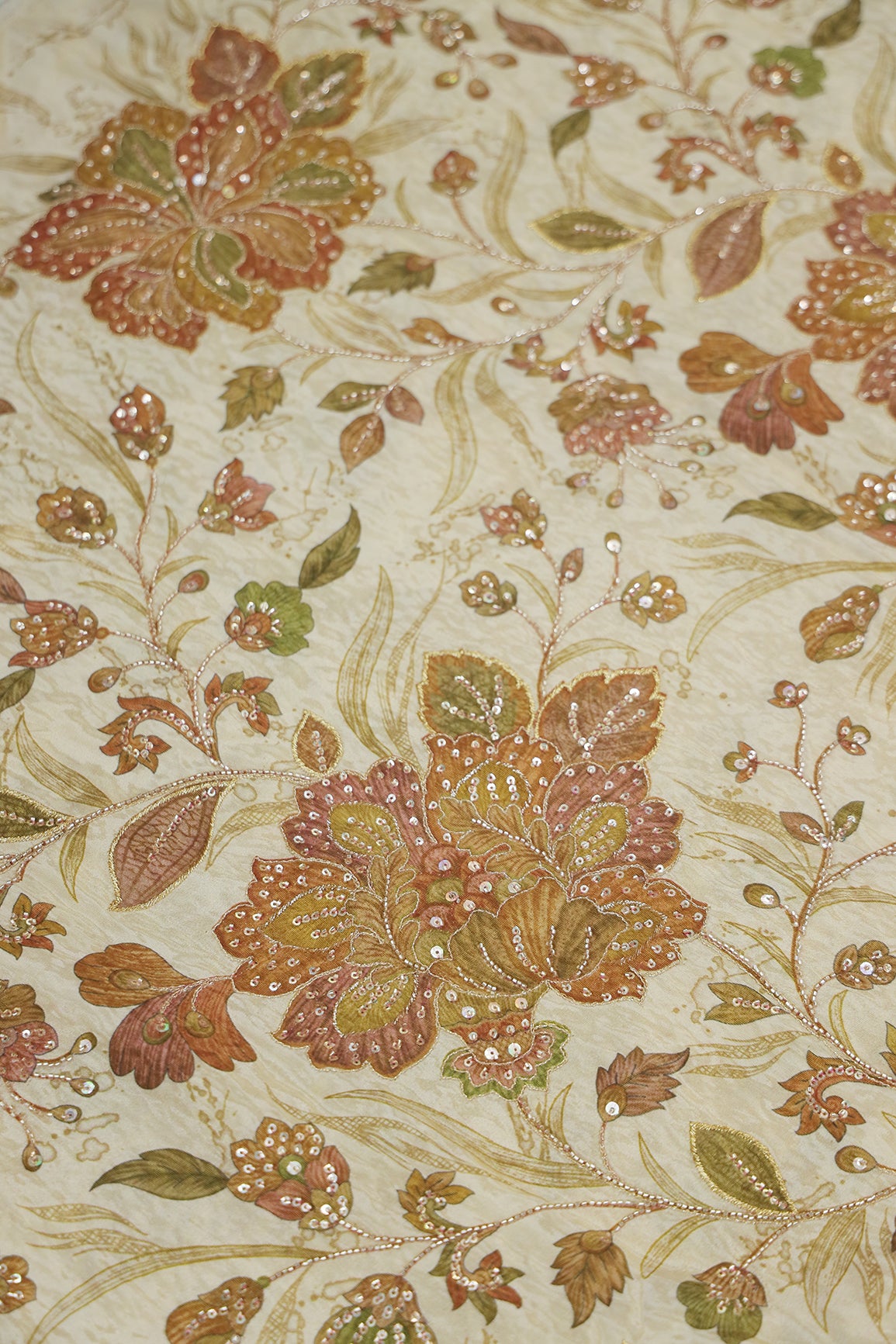 Big Width Floral Positional Print With Beads, Sequins and Zari Embroidery Work On Beige Viscose Zari Tissue Fabric