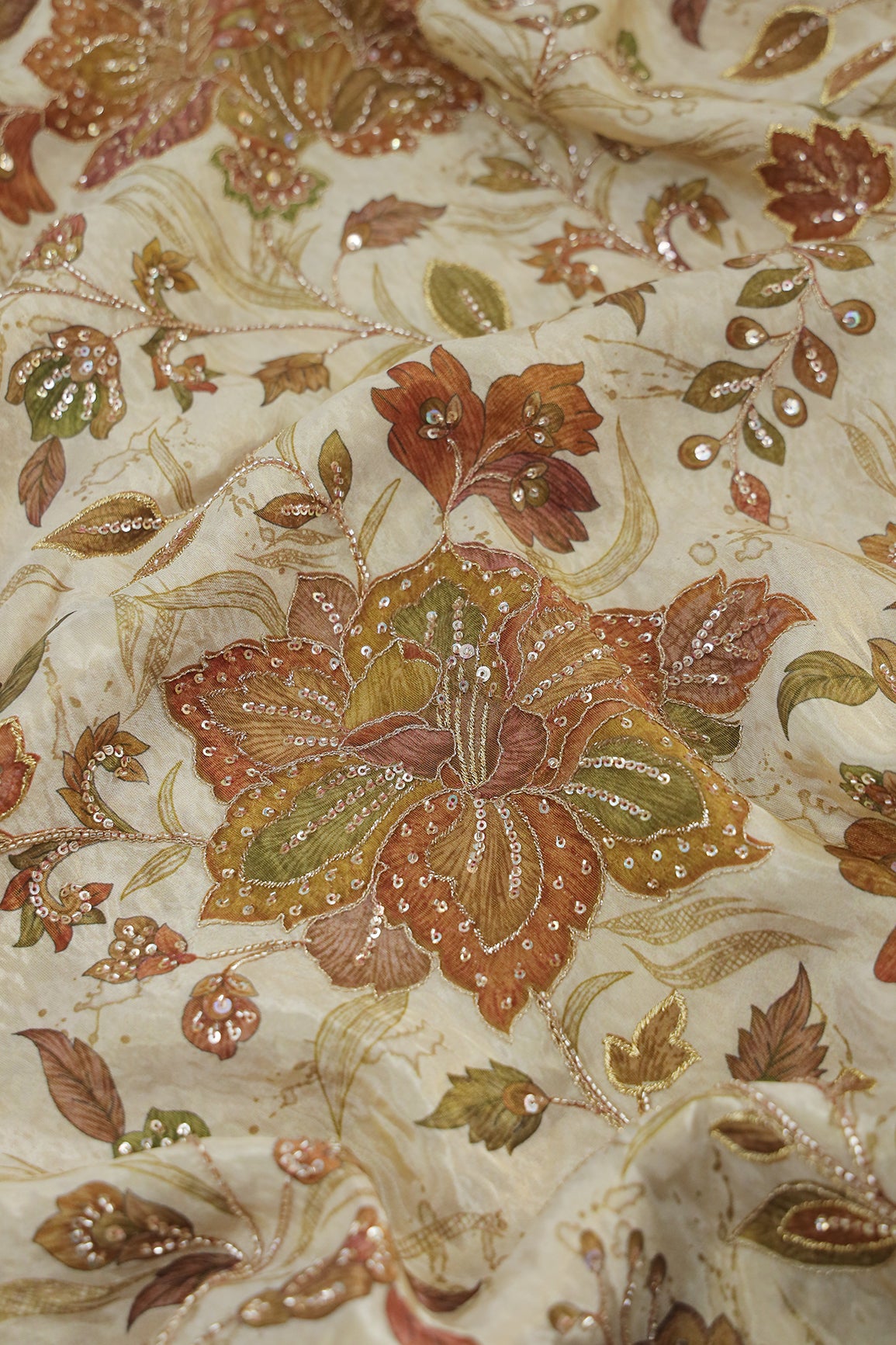 Big Width Floral Positional Print With Beads, Sequins and Zari Embroidery Work On Beige Viscose Zari Tissue Fabric