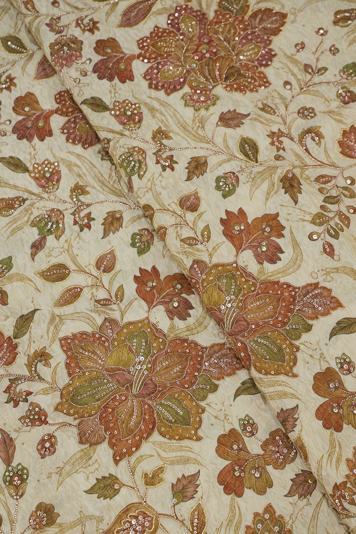 Big Width Floral Positional Print With Beads, Sequins and Zari Embroidery Work On Beige Viscose Zari Tissue Fabric