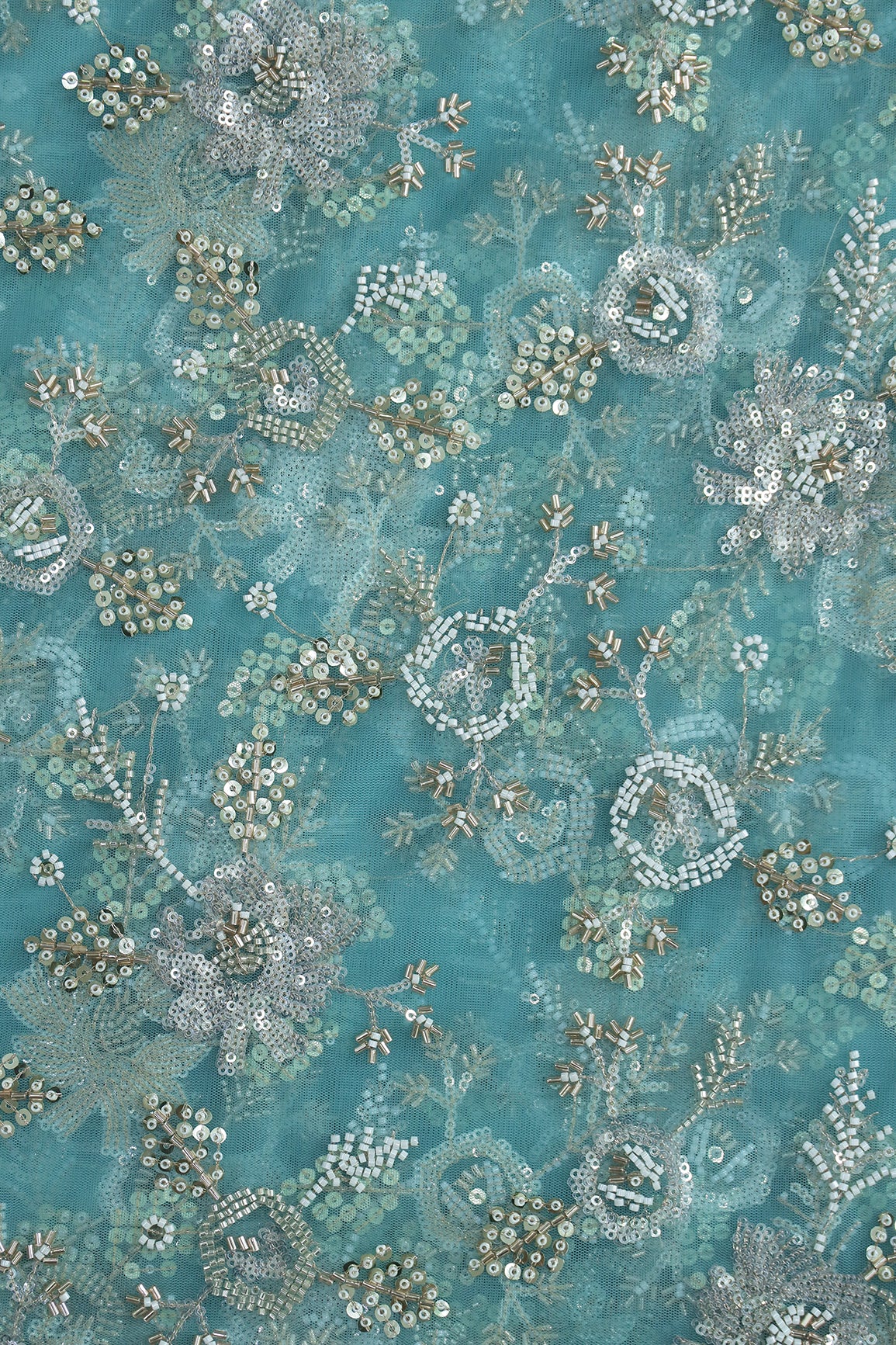 Original Multi Beads Work With Gold And Silver Sequins On Teal Soft Net Fabric