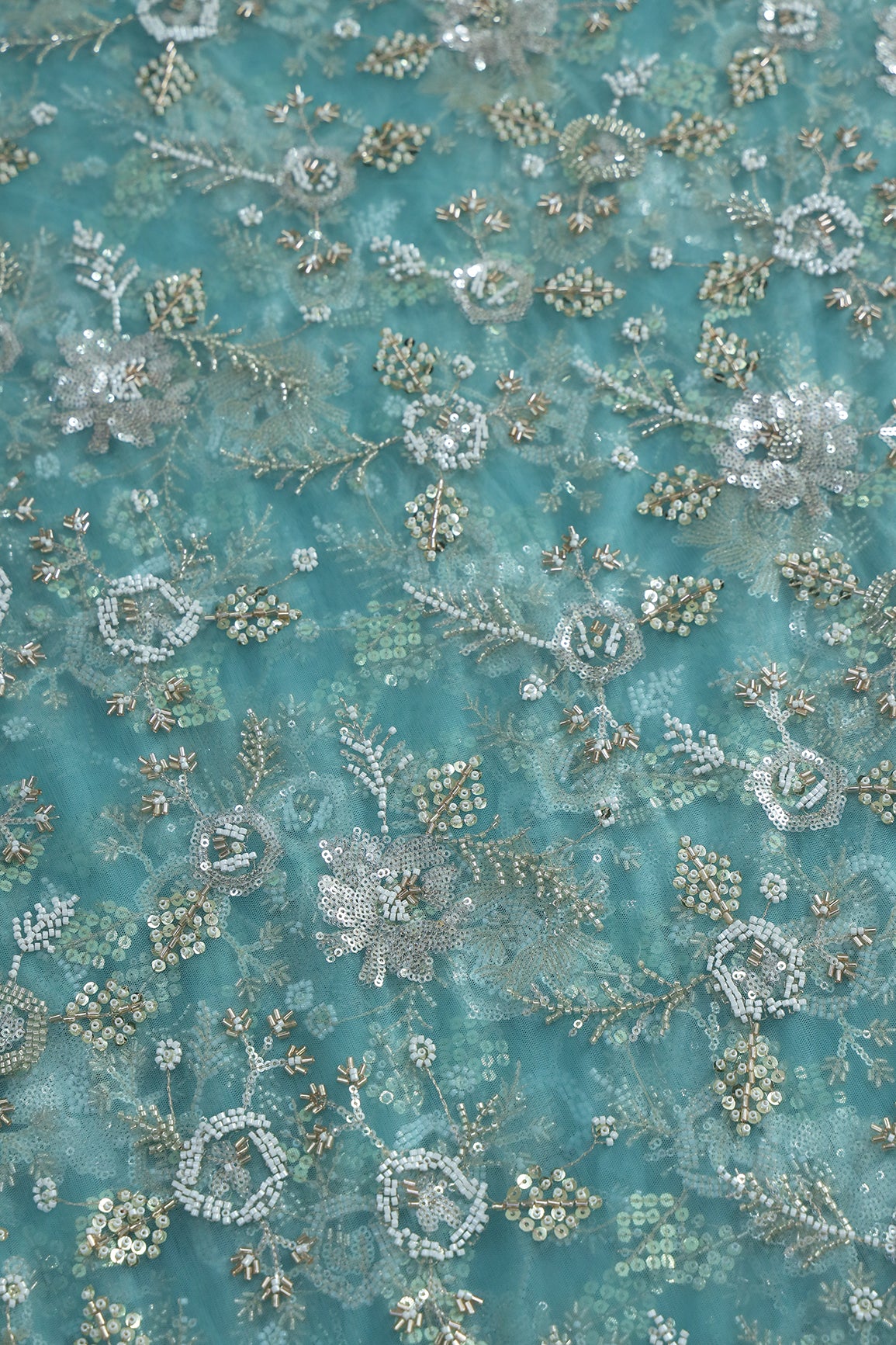 Original Multi Beads Work With Gold And Silver Sequins On Teal Soft Net Fabric