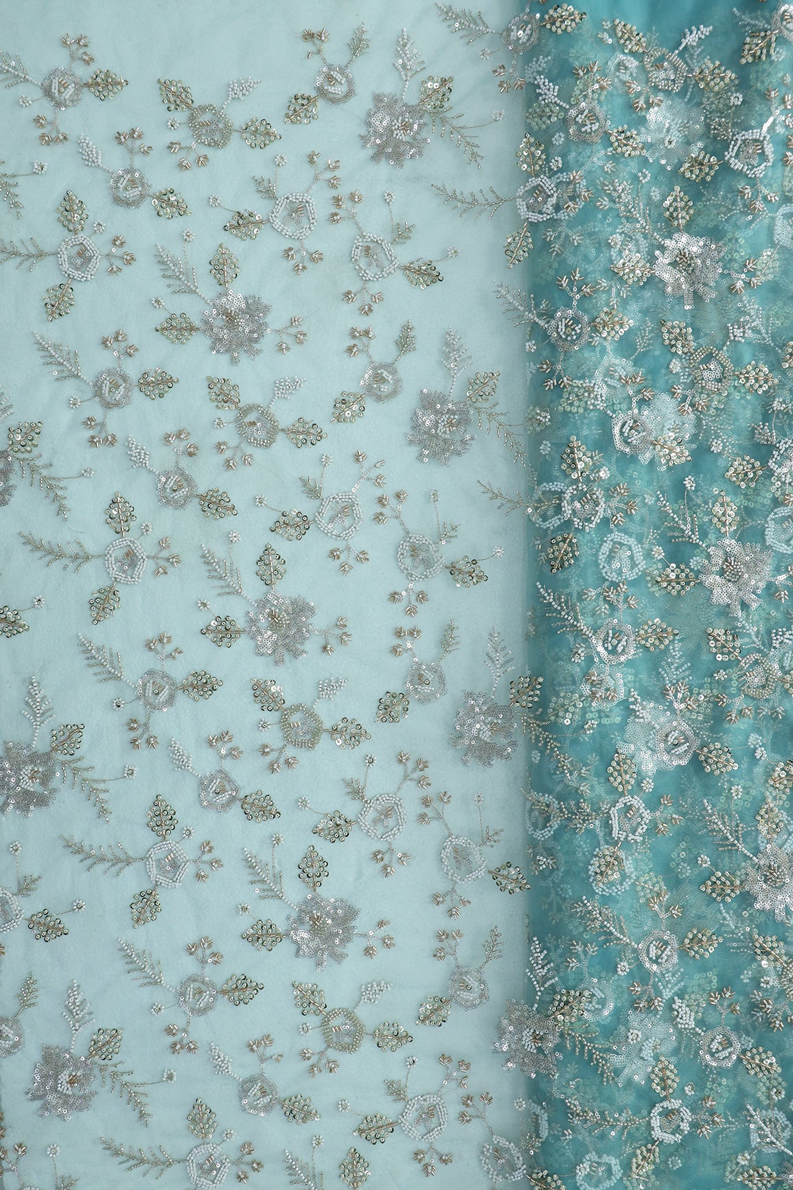 Original Multi Beads Work With Gold And Silver Sequins On Teal Soft Net Fabric