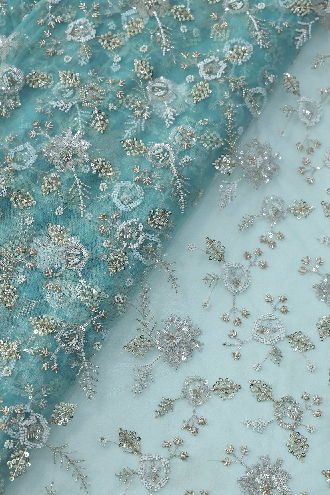 Original Multi Beads Work With Gold And Silver Sequins On Teal Soft Net Fabric