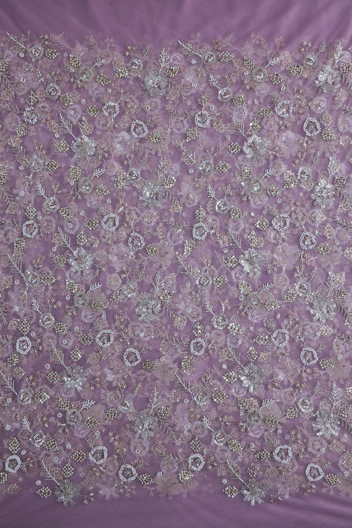 Original Multi Beads Work With Gold And Silver Sequins On Lavender Soft Net Fabric