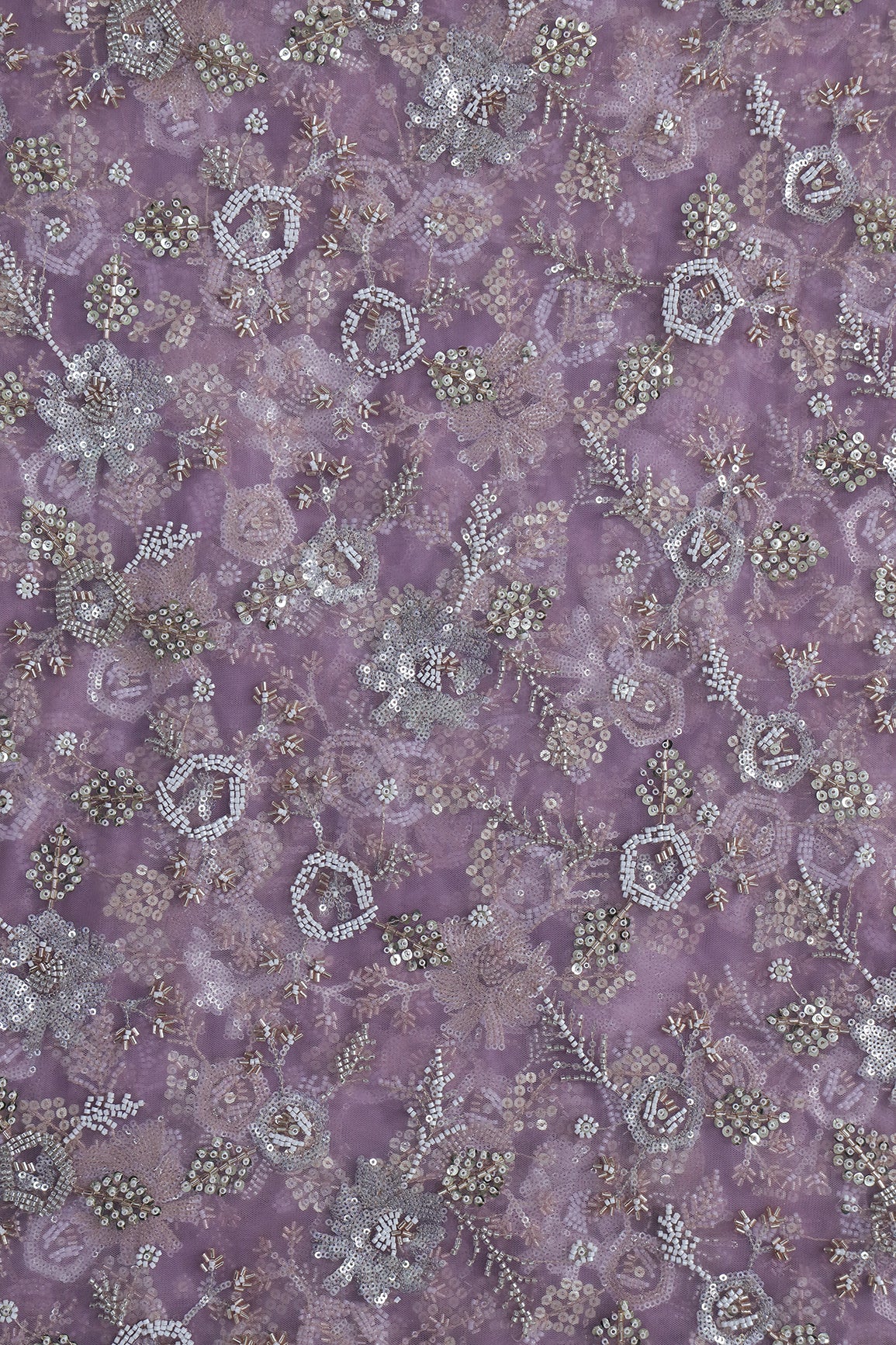 Original Multi Beads Work With Gold And Silver Sequins On Lavender Soft Net Fabric
