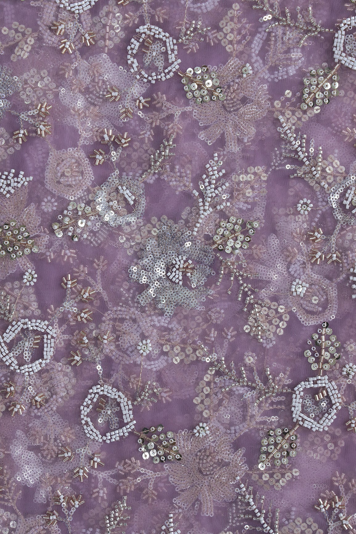 Original Multi Beads Work With Gold And Silver Sequins On Lavender Soft Net Fabric
