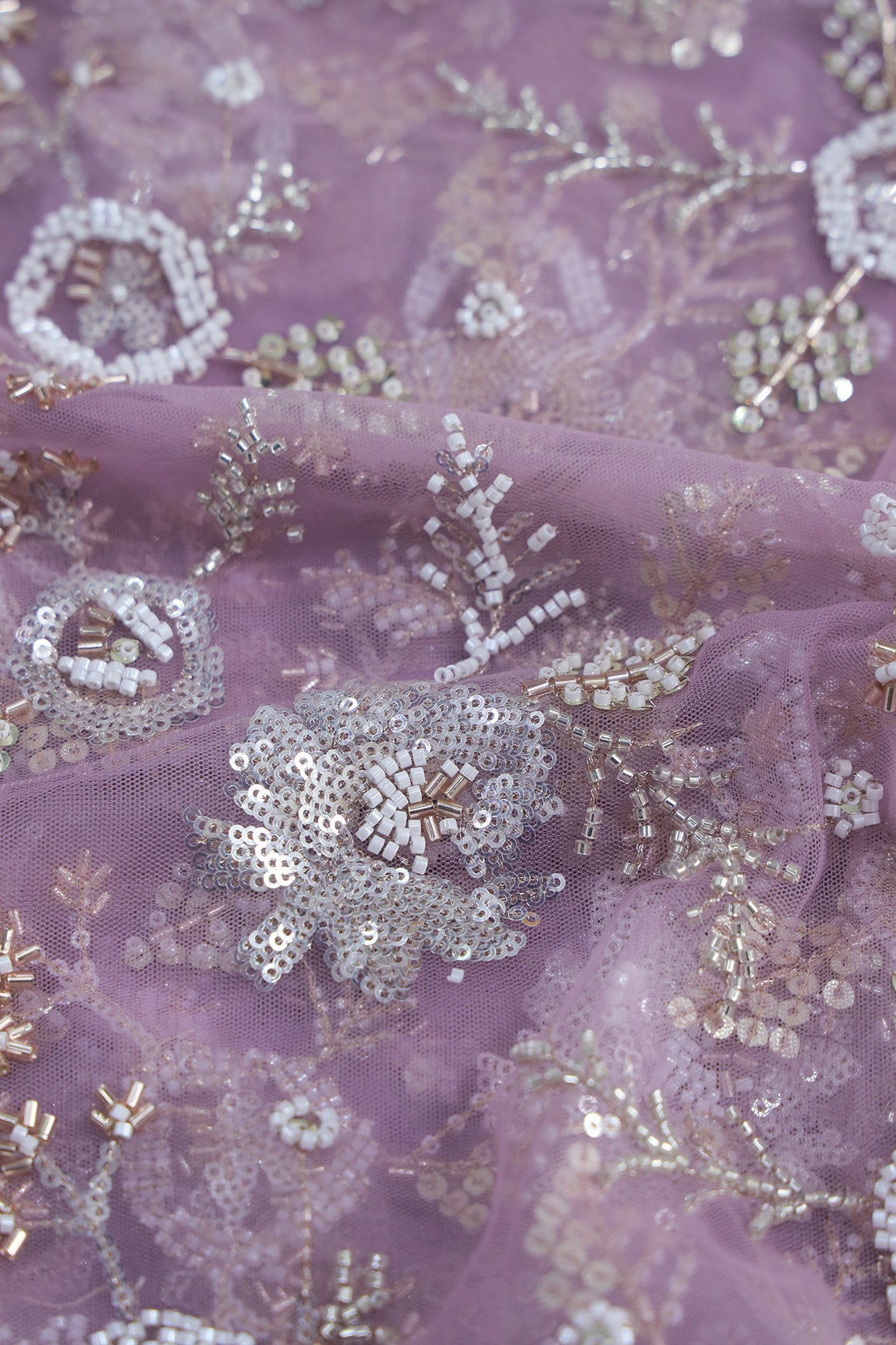 Original Multi Beads Work With Gold And Silver Sequins On Lavender Soft Net Fabric