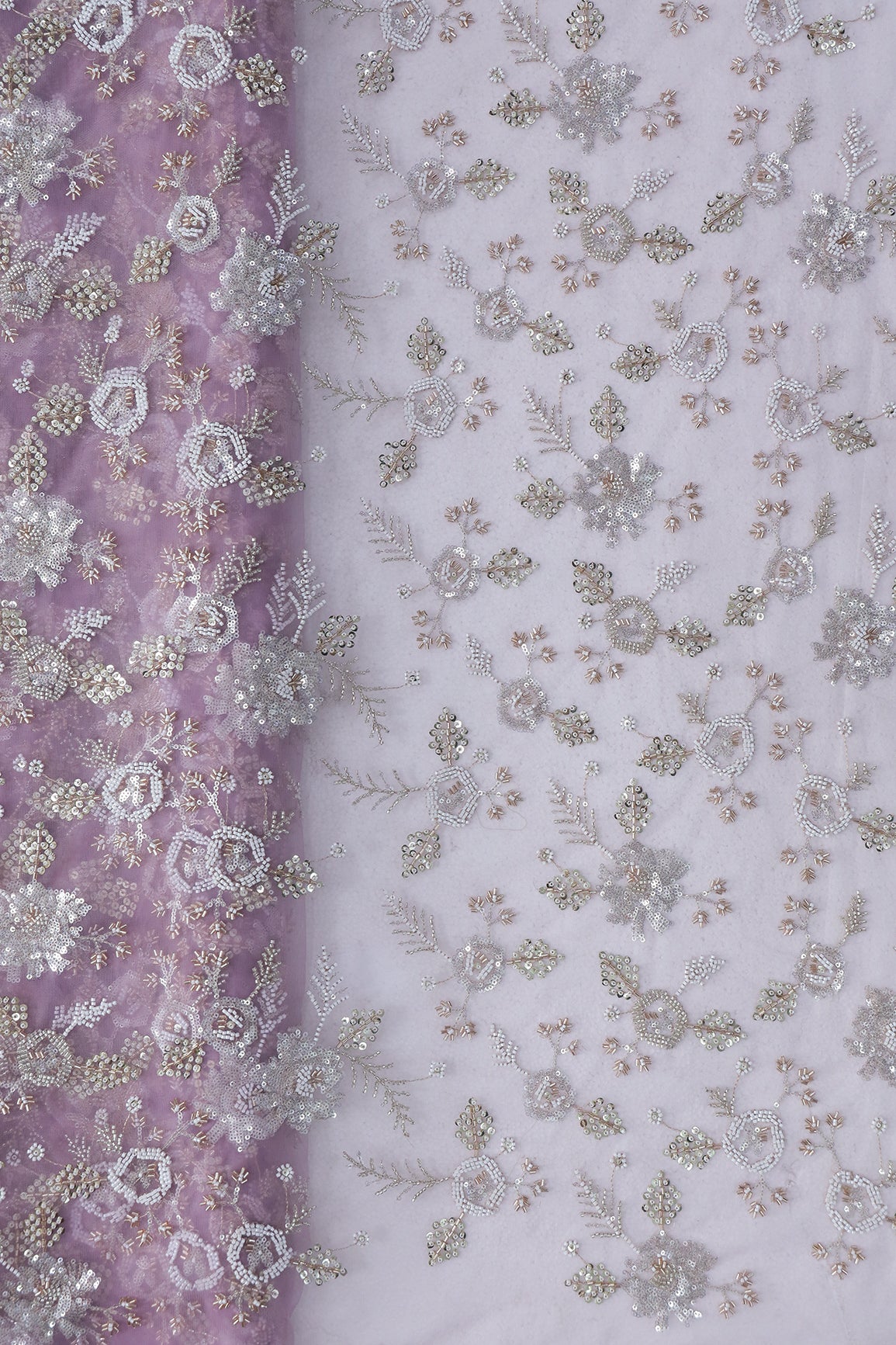 Original Multi Beads Work With Gold And Silver Sequins On Lavender Soft Net Fabric