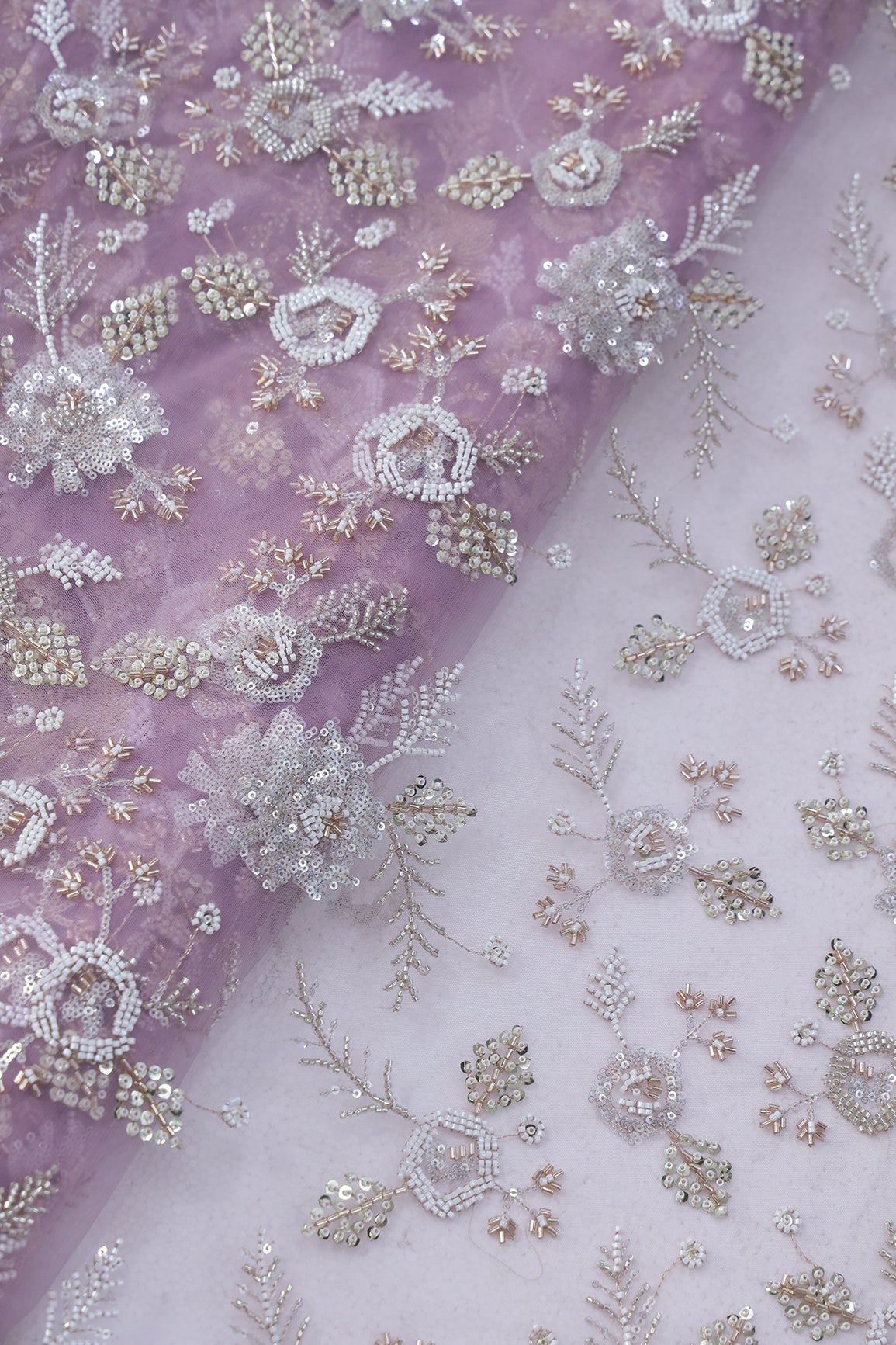 Original Multi Beads Work With Gold And Silver Sequins On Lavender Soft Net Fabric