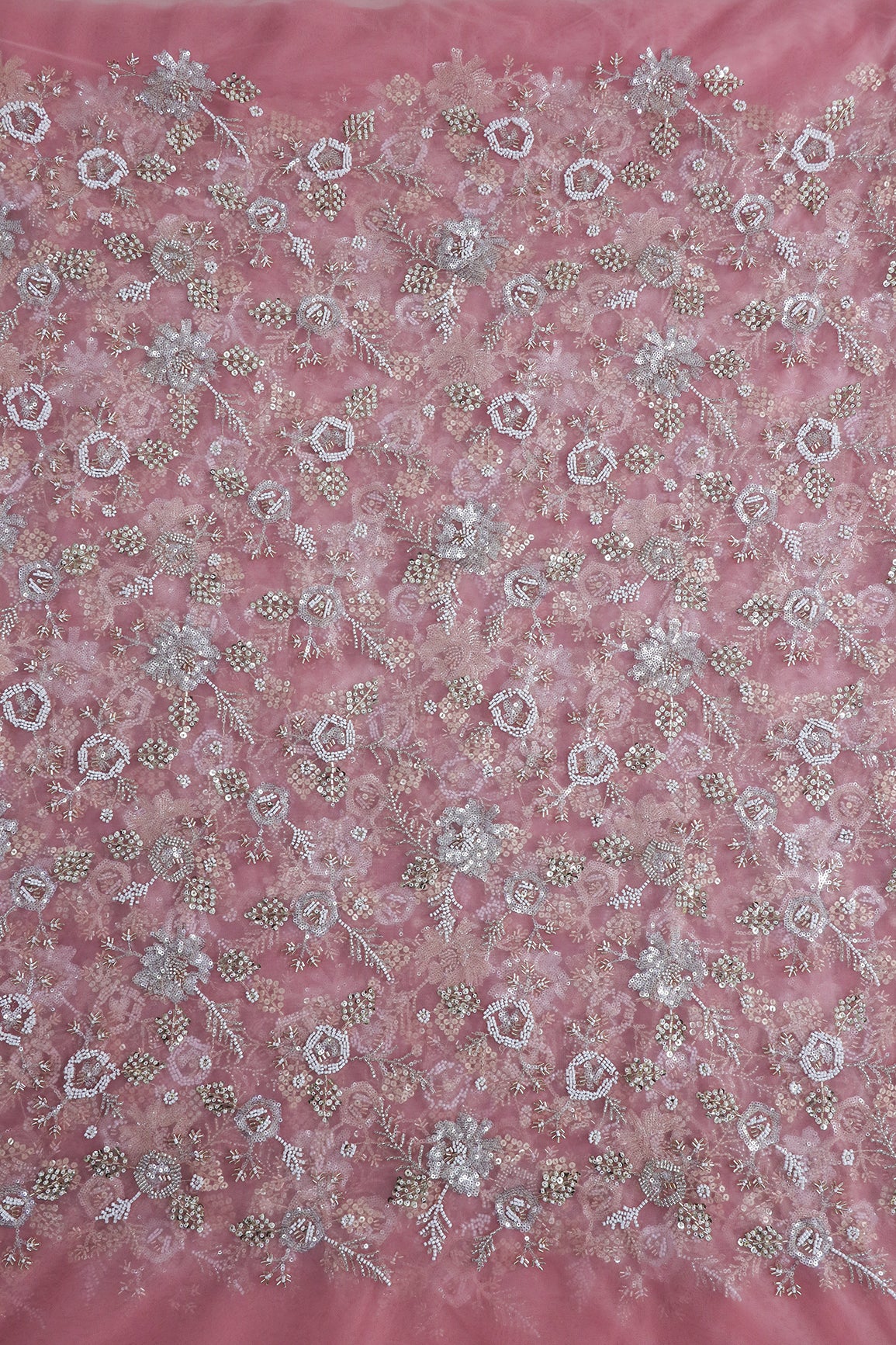 Original Multi Beads Work With Gold And Silver Sequins On Pink Soft Net Fabric
