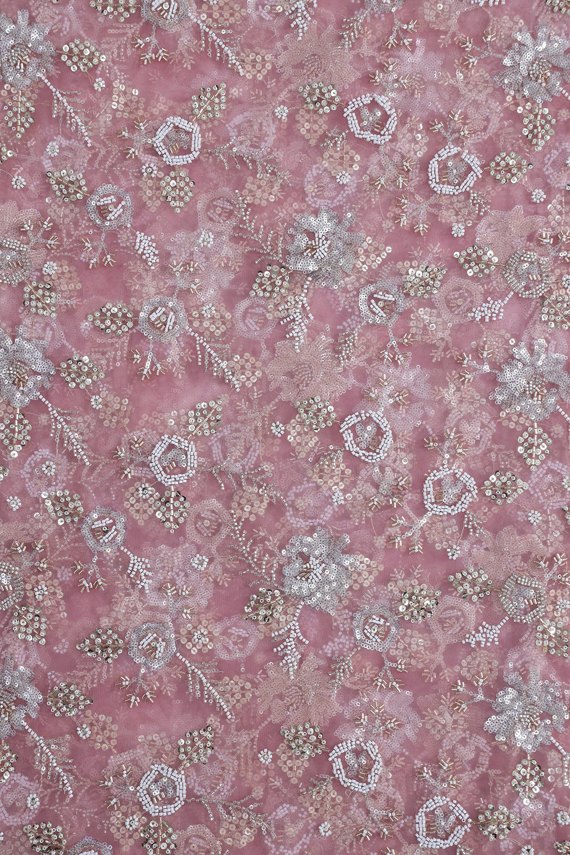 Original Multi Beads Work With Gold And Silver Sequins On Pink Soft Net Fabric