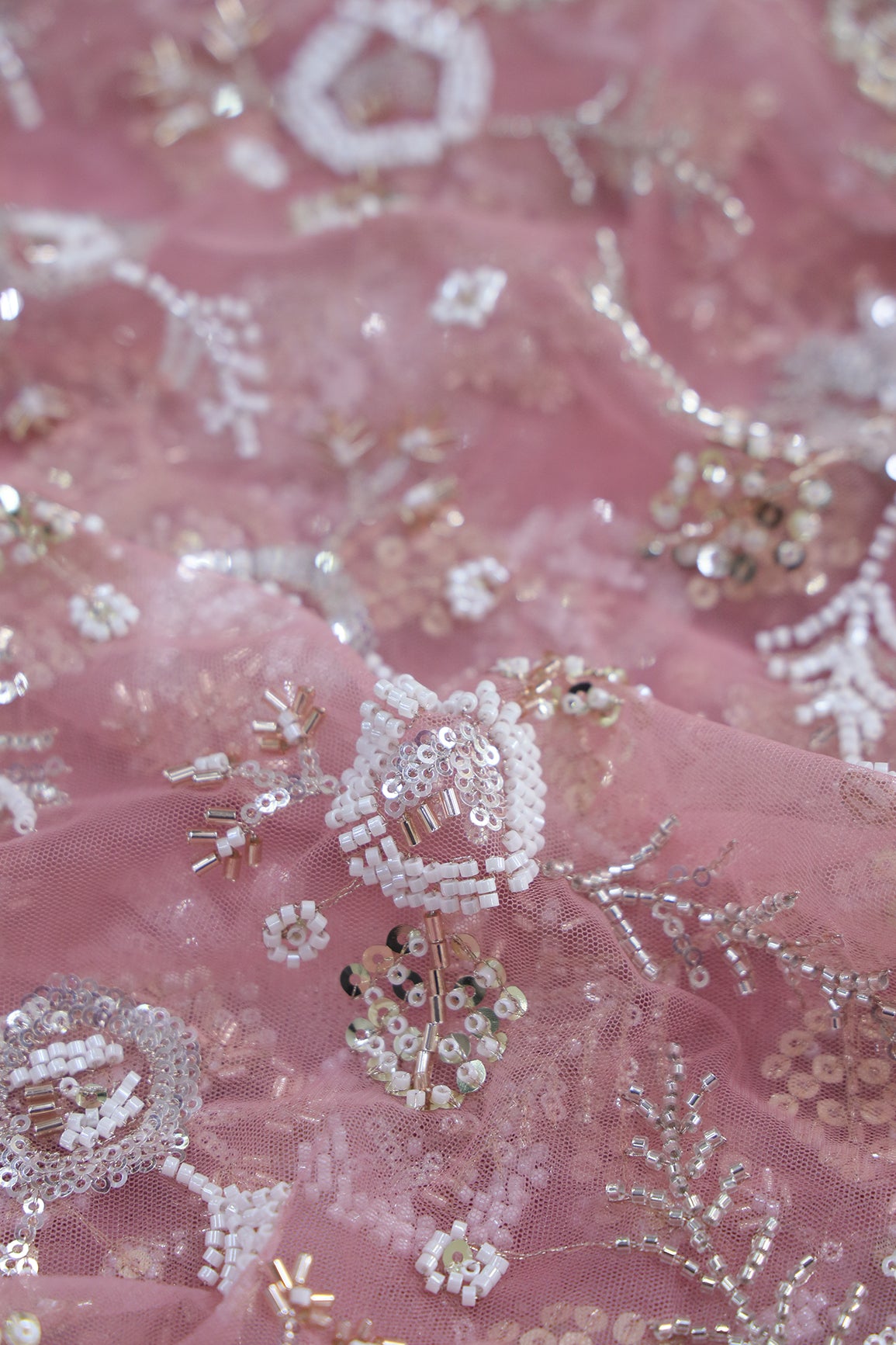 Original Multi Beads Work With Gold And Silver Sequins On Pink Soft Net Fabric